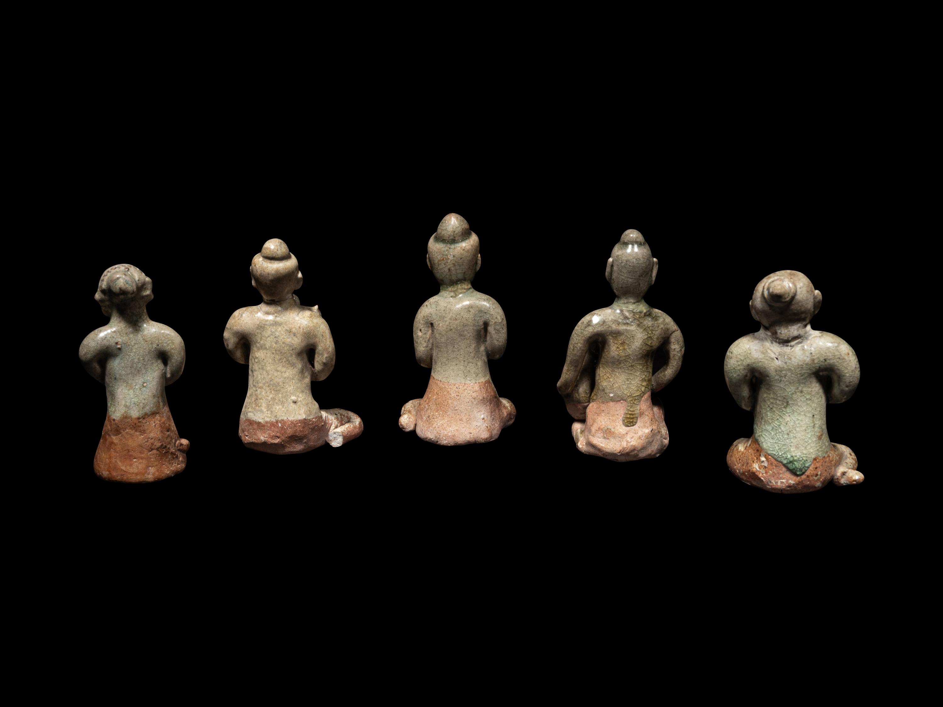 Five Thai Sukhothai Celadon Glazed Pottery Figures