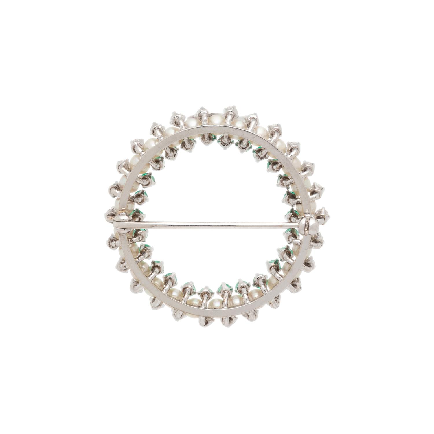 DIAMOND, CULTURED PEARL, AND EMERALD BROOCH