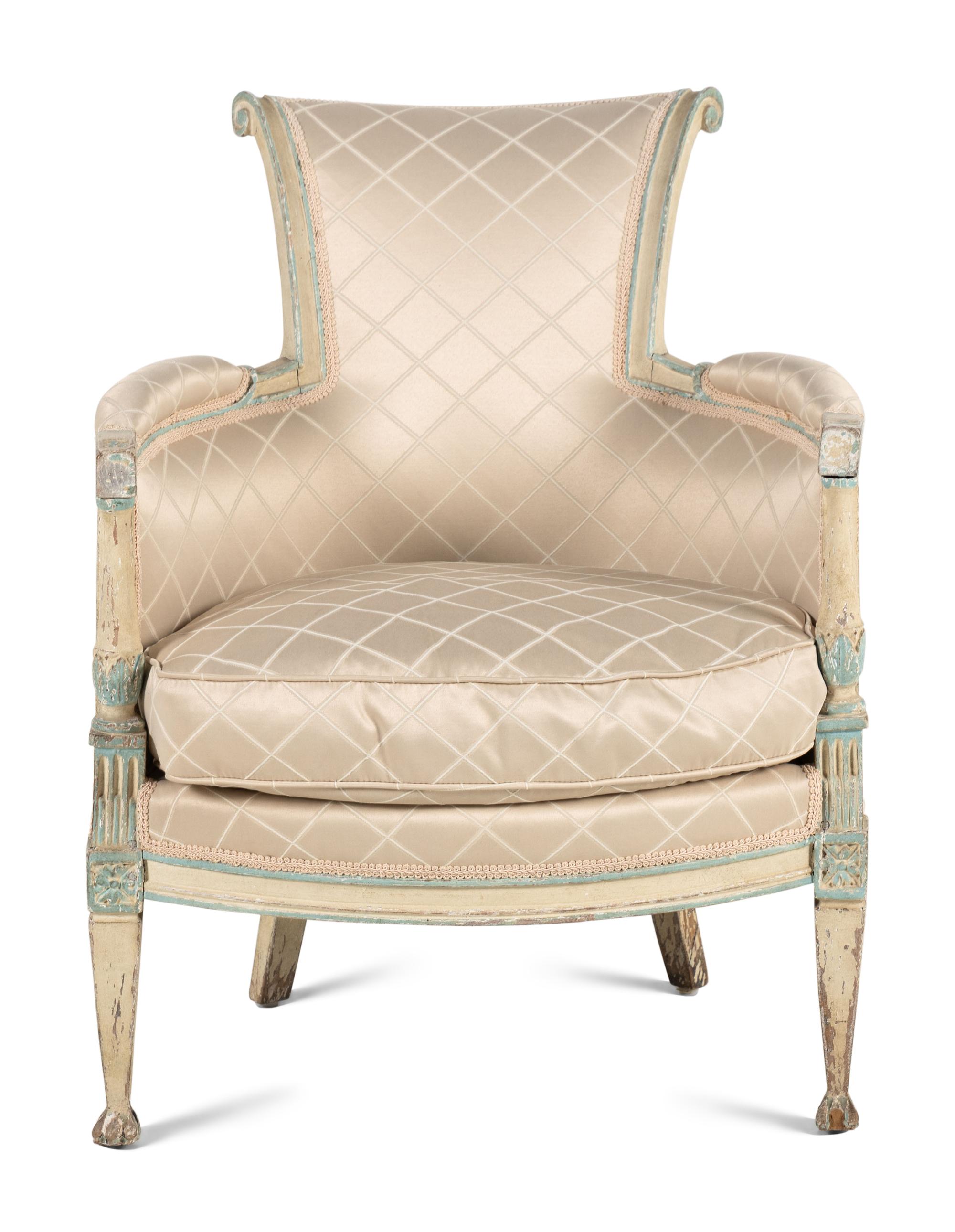 A Directoire White and Blue Painted Bergère