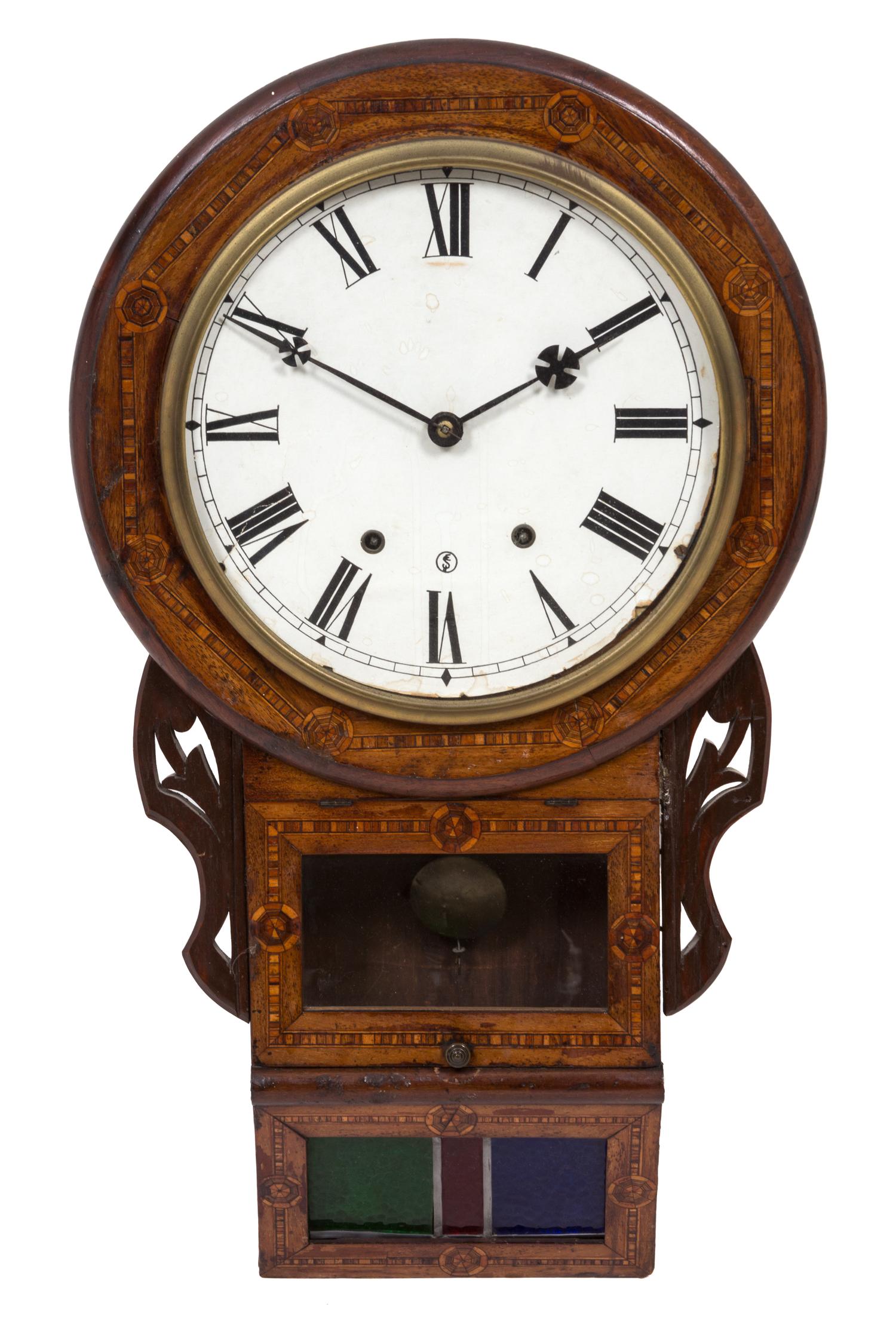 A Continental Marquetry Inlaid Wall Clock Height 28 x width 16 x depth 5 1/2 inches. — 20TH CENTURY