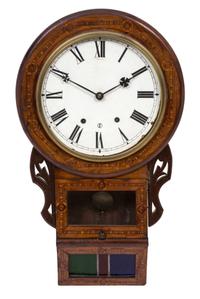 A Continental Marquetry Inlaid Wall Clock Height 28 x width 16 x depth 5 1/2 inches. — 20TH CENTURY