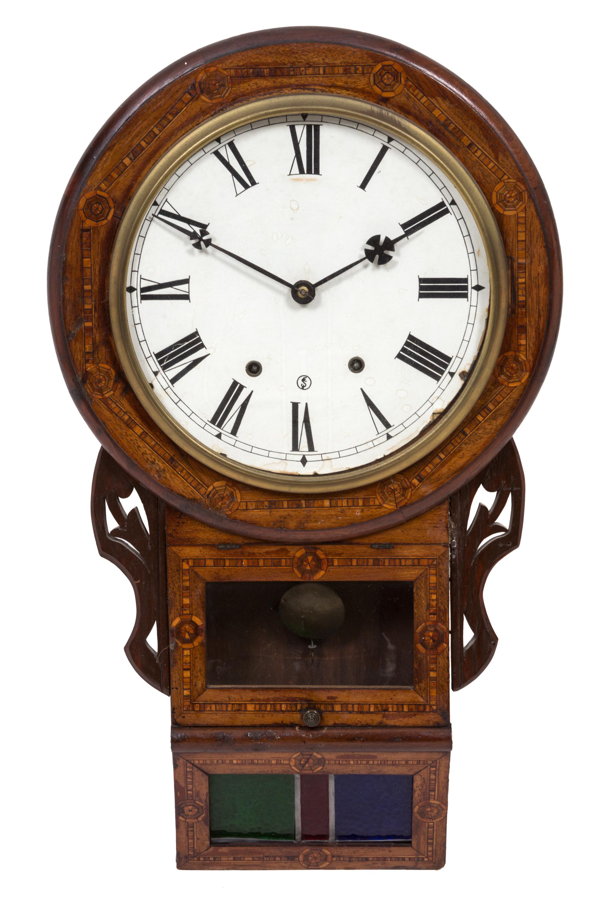 A Continental Marquetry Inlaid Wall Clock Height 28 x width 16 x depth 5 1/2 inches. — 20TH CENTURY