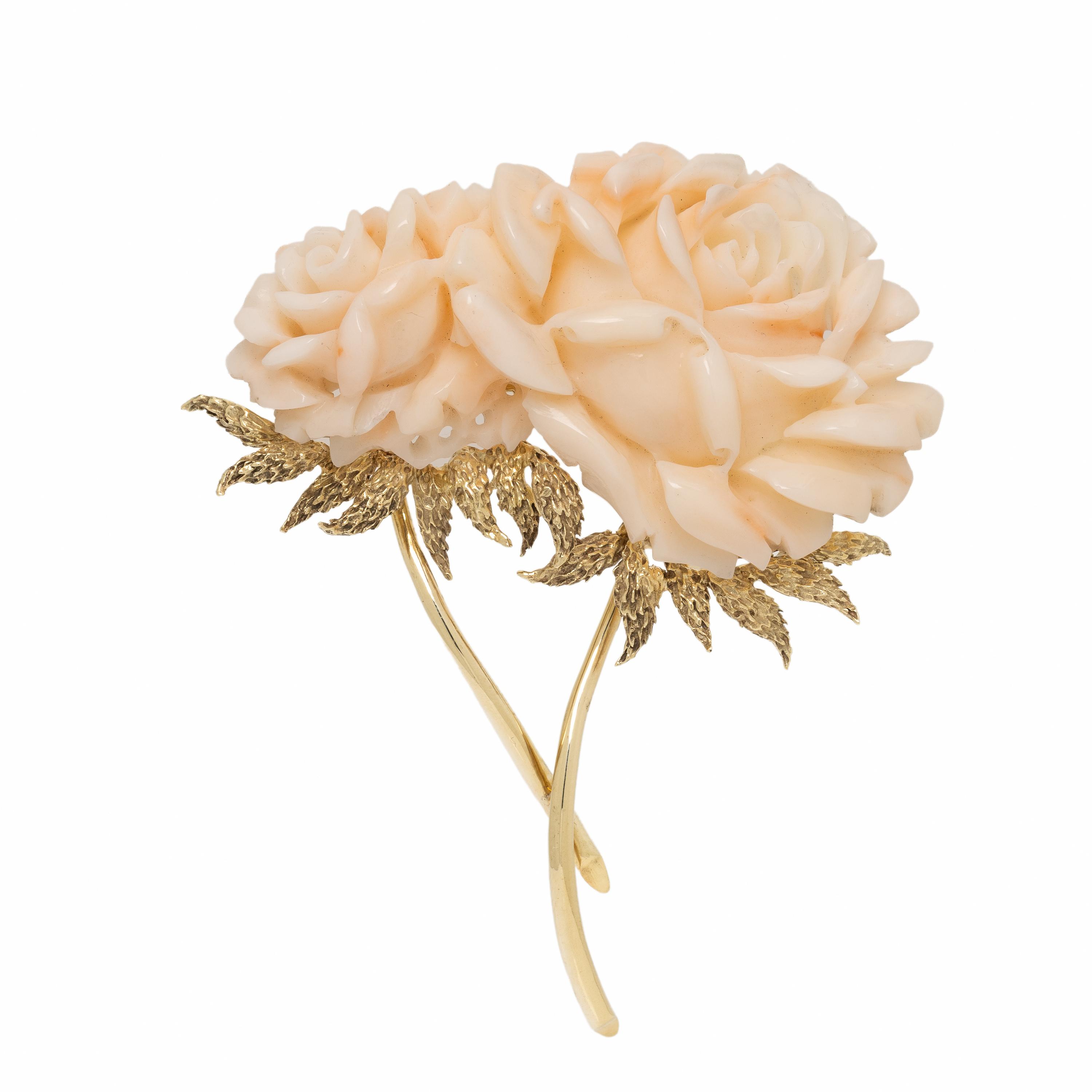 Coral and Yellow Gold Flower Brooch