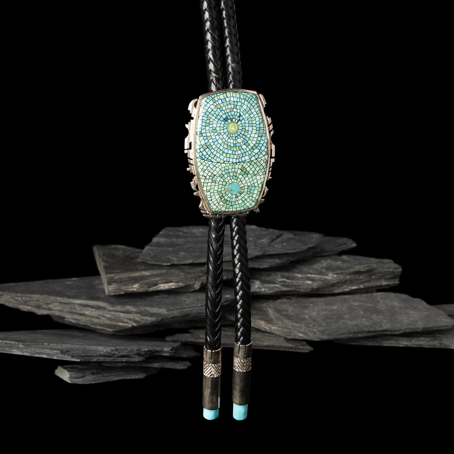 Bryon Yelllowhorse (Dine, b. 1972) — Silver and Turquoise Mosaic Inlay Bolo Tie