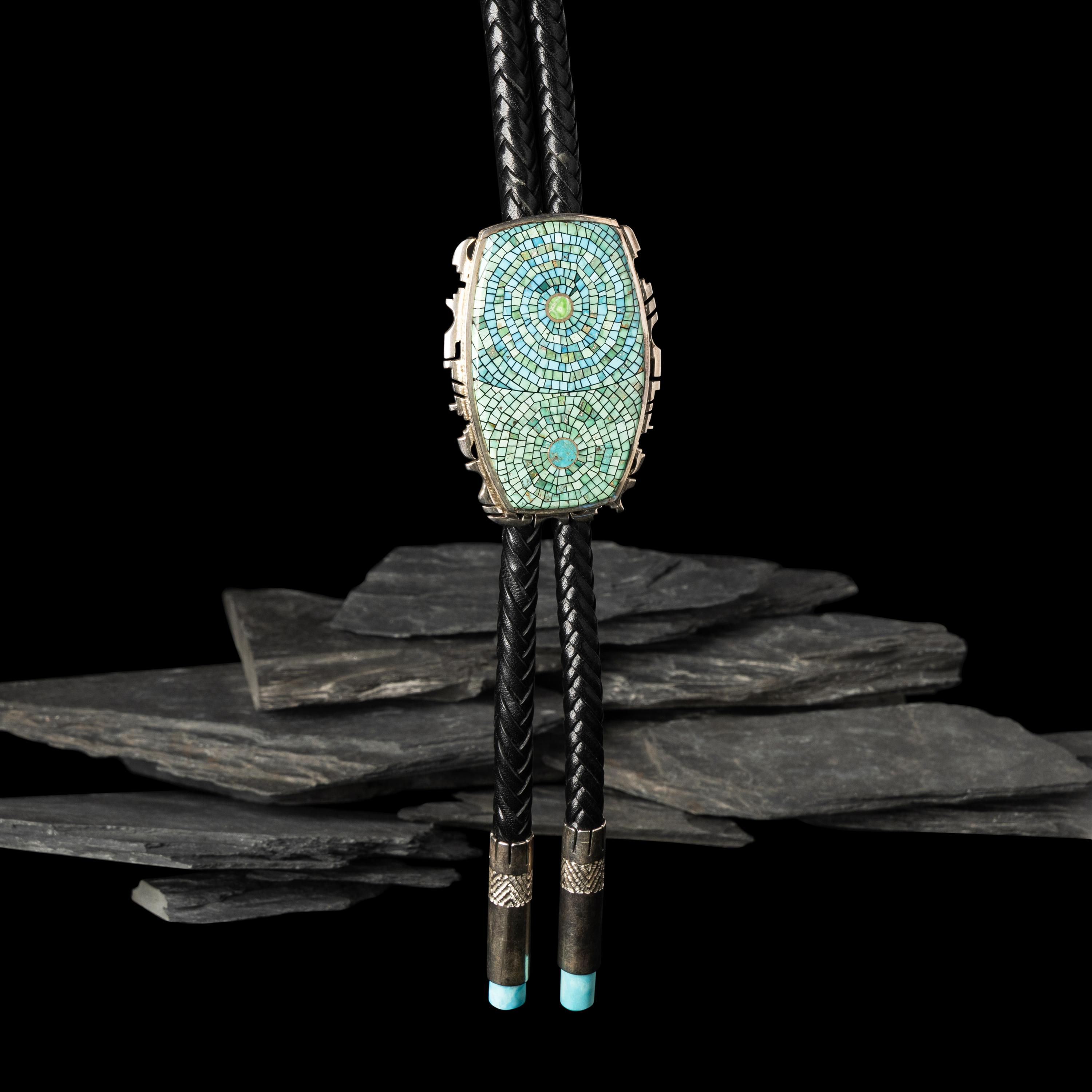 Bryon Yelllowhorse (Dine, b. 1972) — Silver and Turquoise Mosaic Inlay Bolo Tie