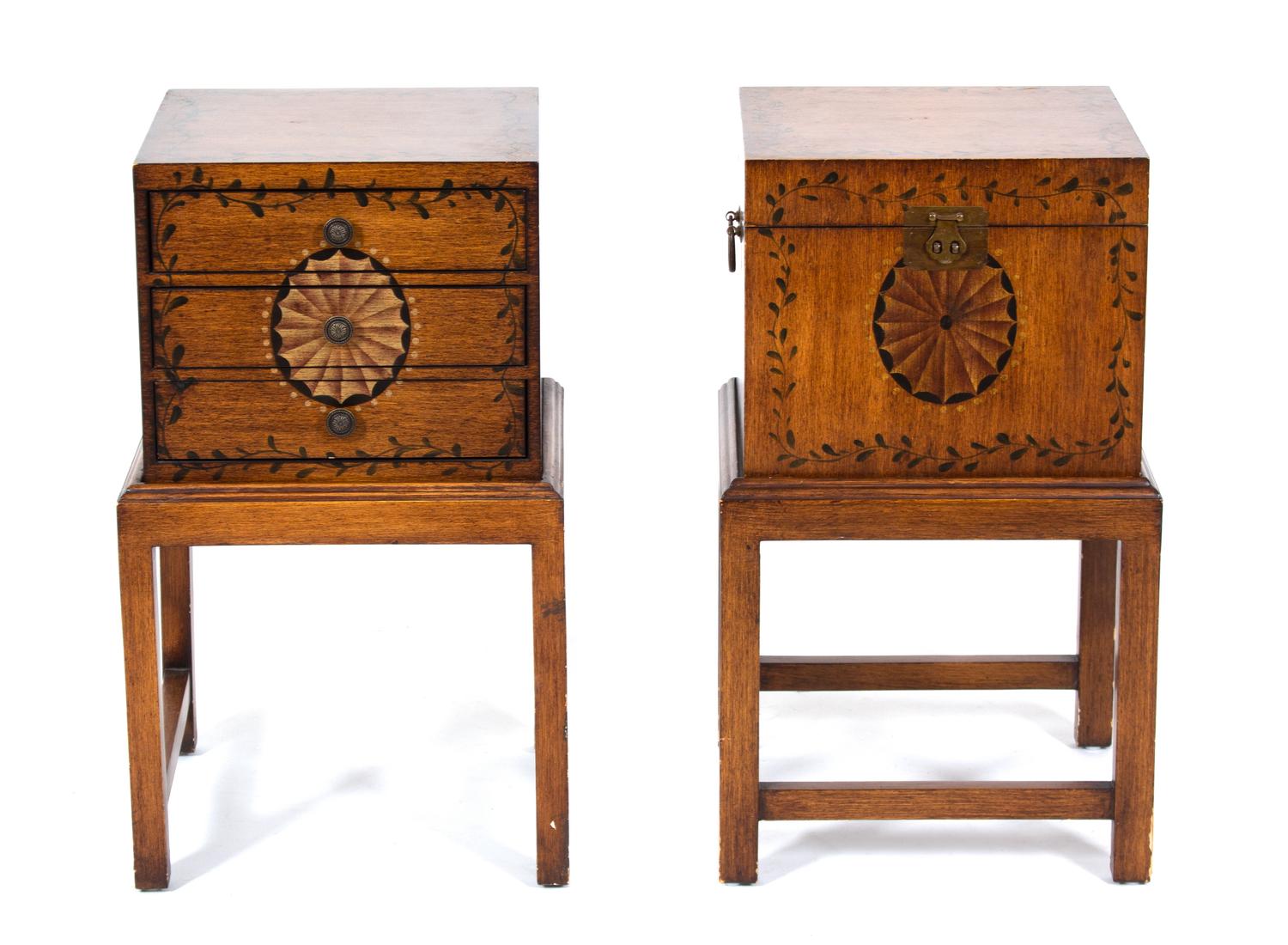 Two Continental Painted Burlwood Bedside Cabinets Height 28 inches. — LATE 19TH CENTURY