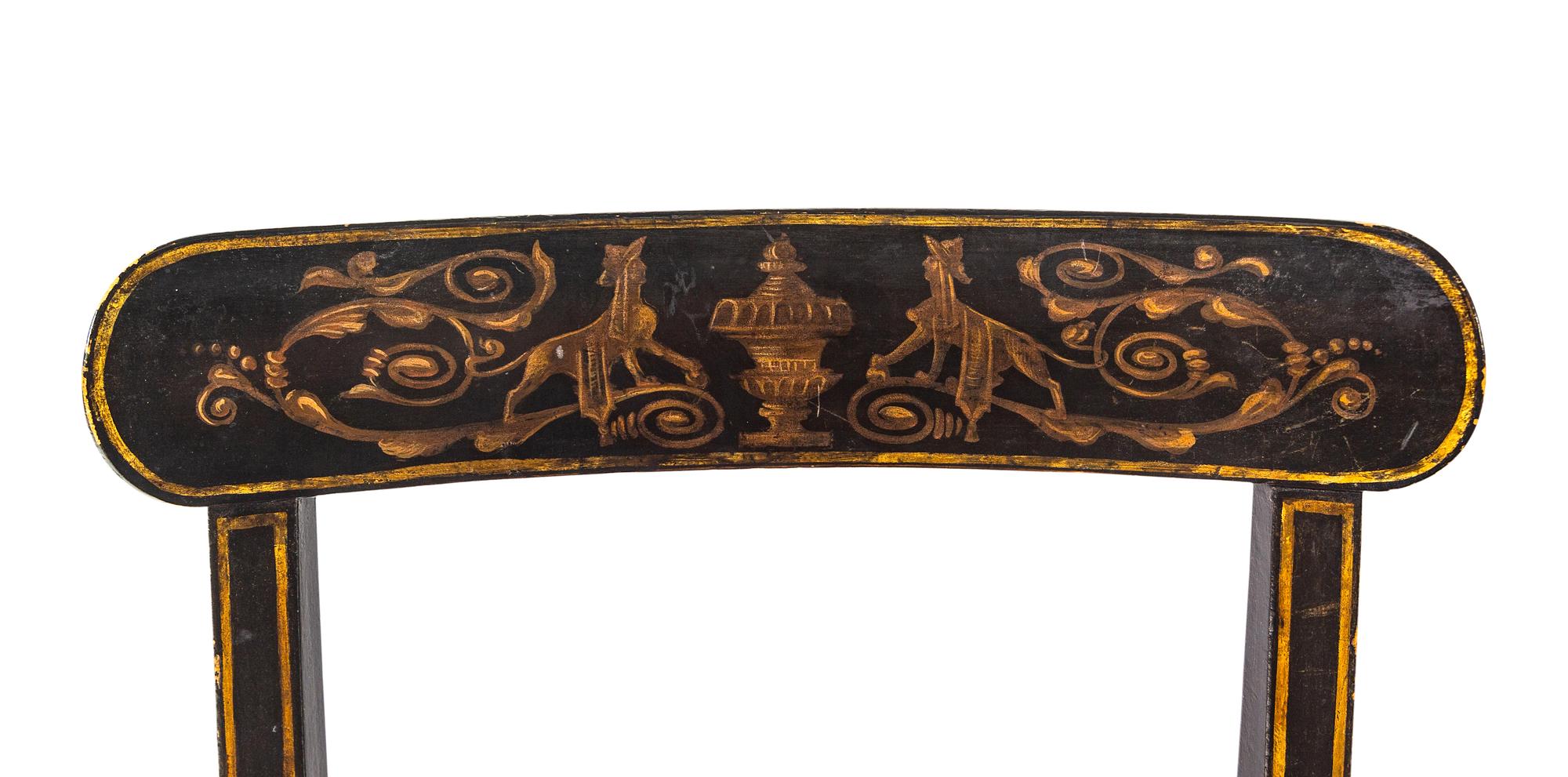 A Set of Eight Regency Black-Painted and Parcel-Gilt Dining Chairs