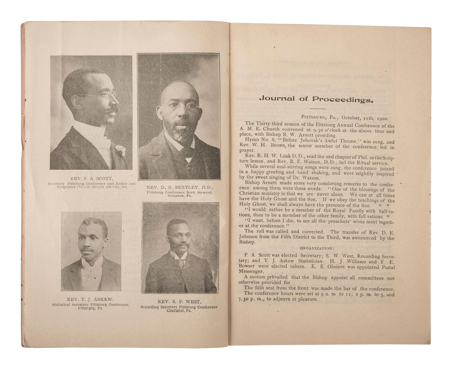 [AFRICAN AMERICANA - RELIGION]. A group of 8 items related to the American Methodist Episcopal Church (A.M.E.), incl. photograph and "Minutes" from conferences held in Pennsylvania and West Texas.