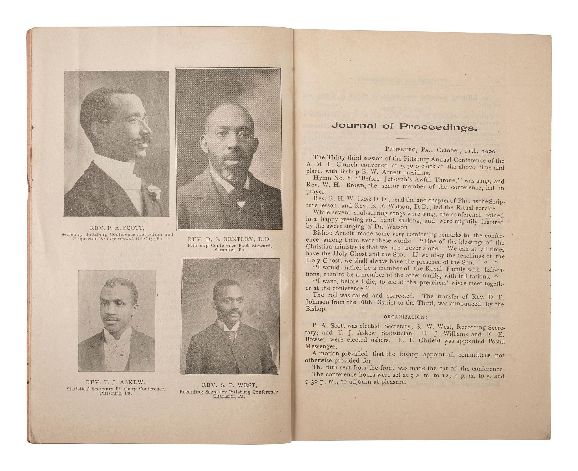 [AFRICAN AMERICANA - RELIGION]. A group of 8 items related to the American Methodist Episcopal Church (A.M.E.), incl. photograph and "Minutes" from conferences held in Pennsylvania and West Texas.