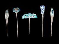 Five Chinese Enamel on Silver Hairpins