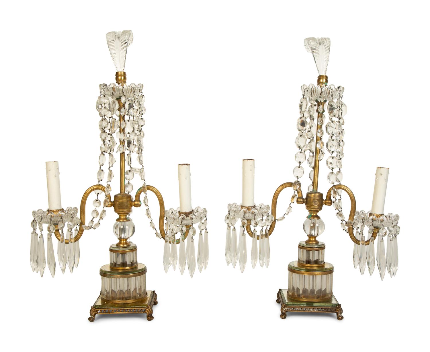A Pair of Continental Gilt Metal and Glass Two-Light Candelabra