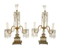 A Pair of Continental Gilt Metal and Glass Two-Light Candelabra