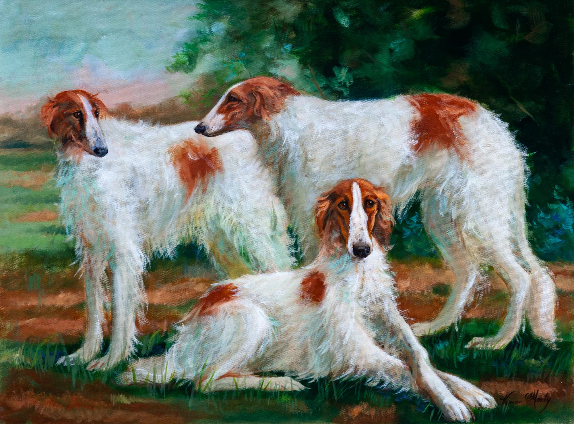 Three Works of Art depicting Borzoi Largest: 17 1/2 x 23 1/2 inches.