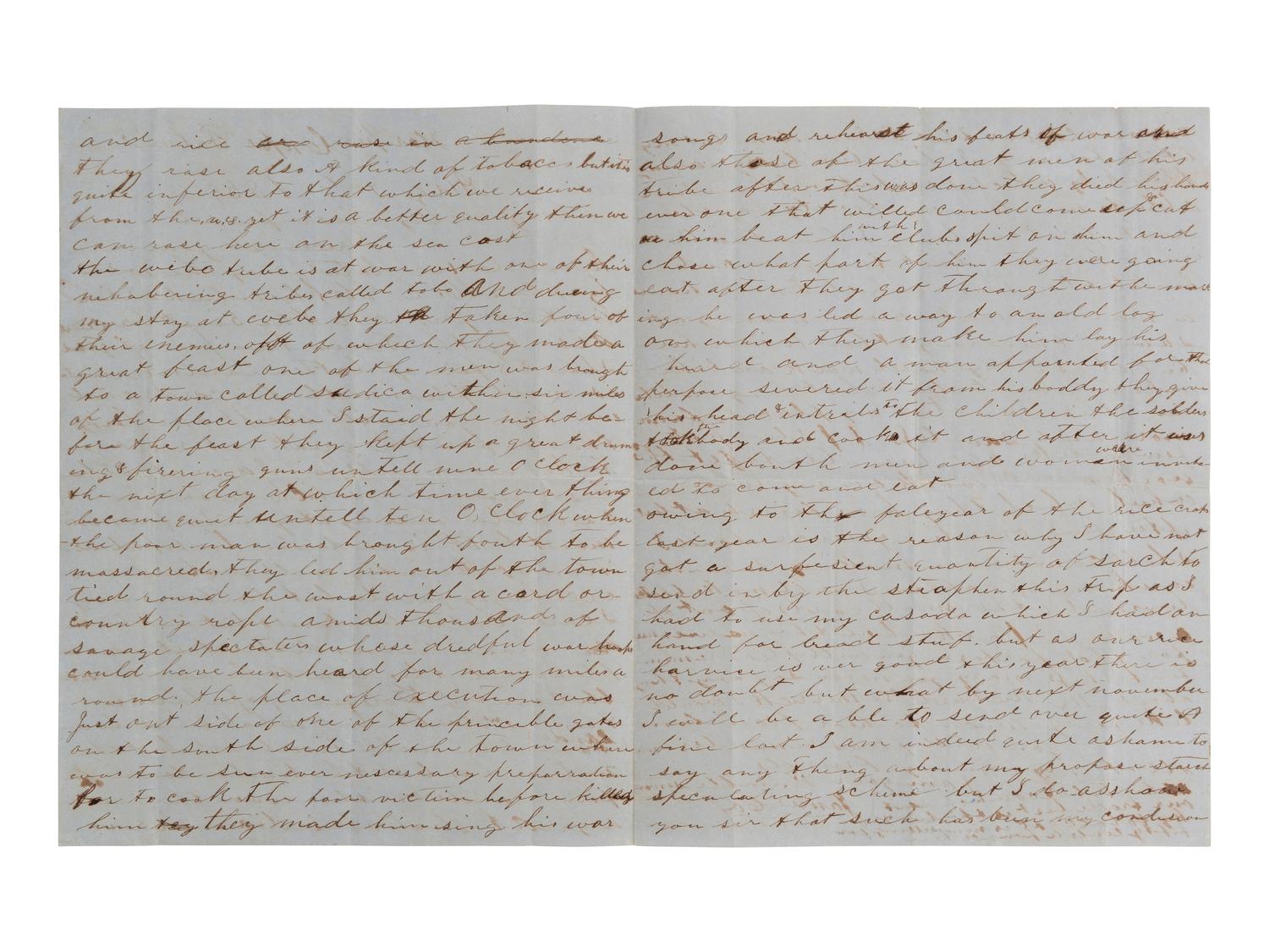 [LIBERIA]. COX, James. ALS describing cannibalism. Harper, Cape Palmas, 7 Aug 1859.