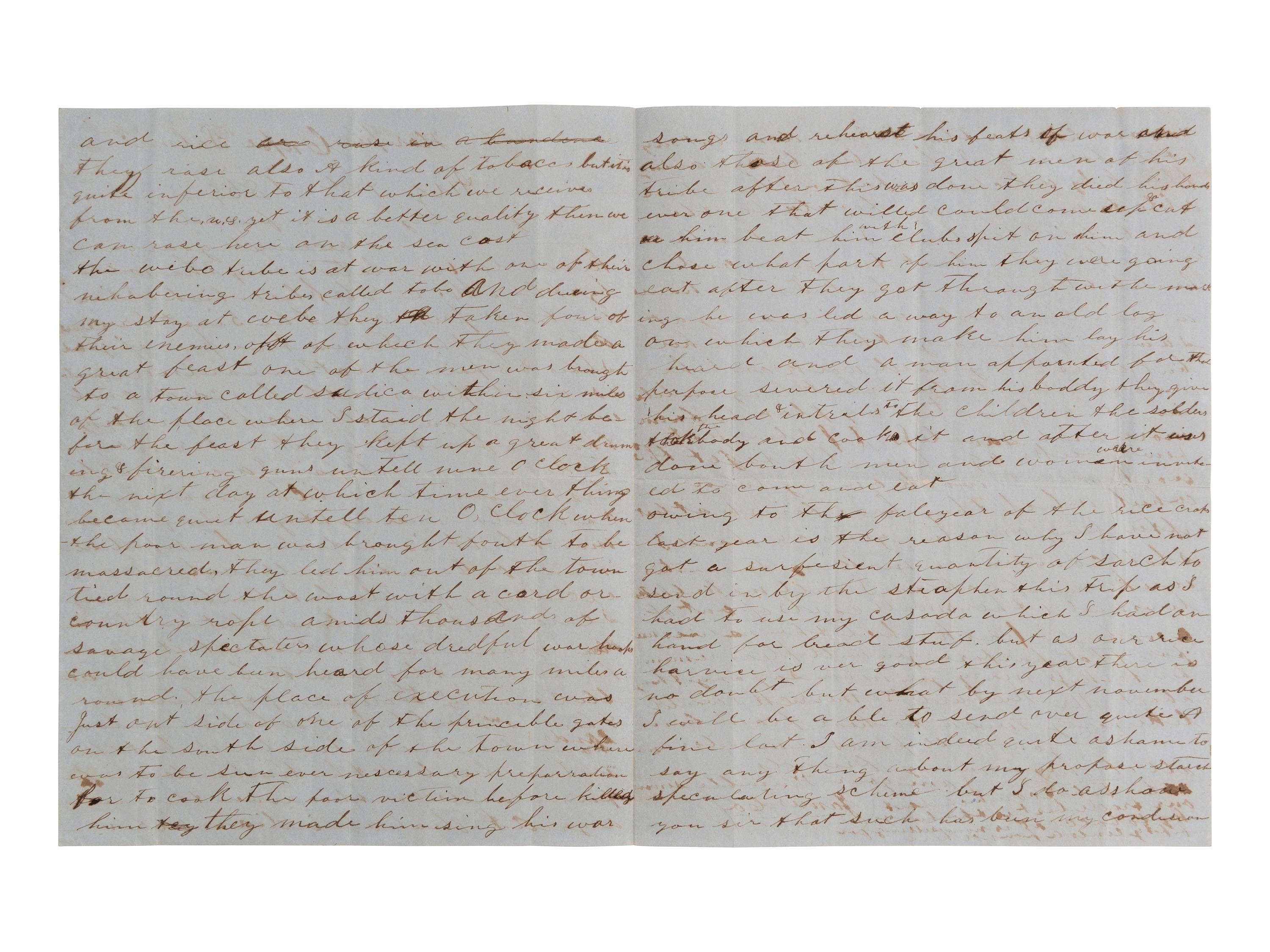 [LIBERIA]. COX, James. ALS describing cannibalism. Harper, Cape Palmas, 7 Aug 1859.