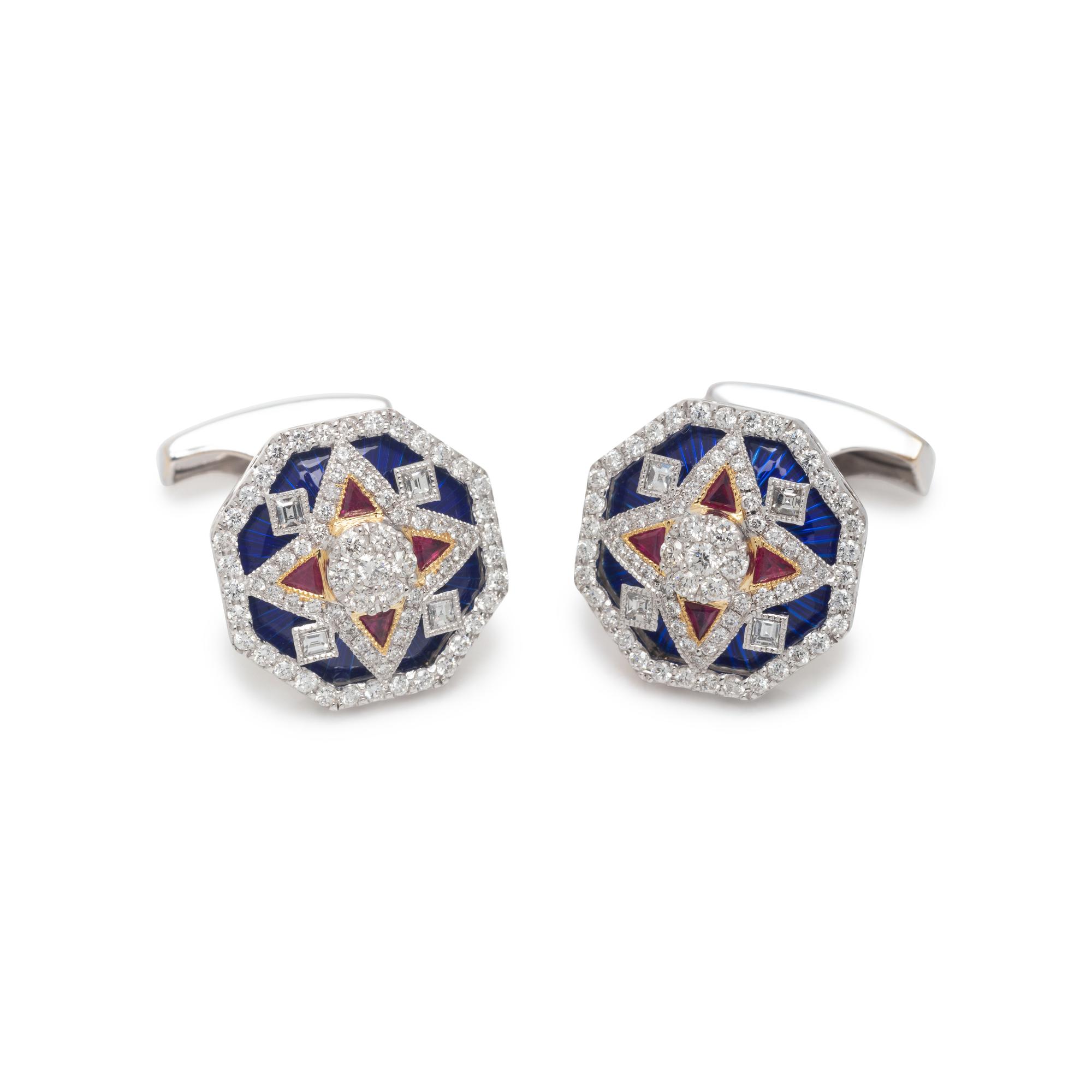 DIAMOND, RUBY AND ENAMEL CUFFLINKS
