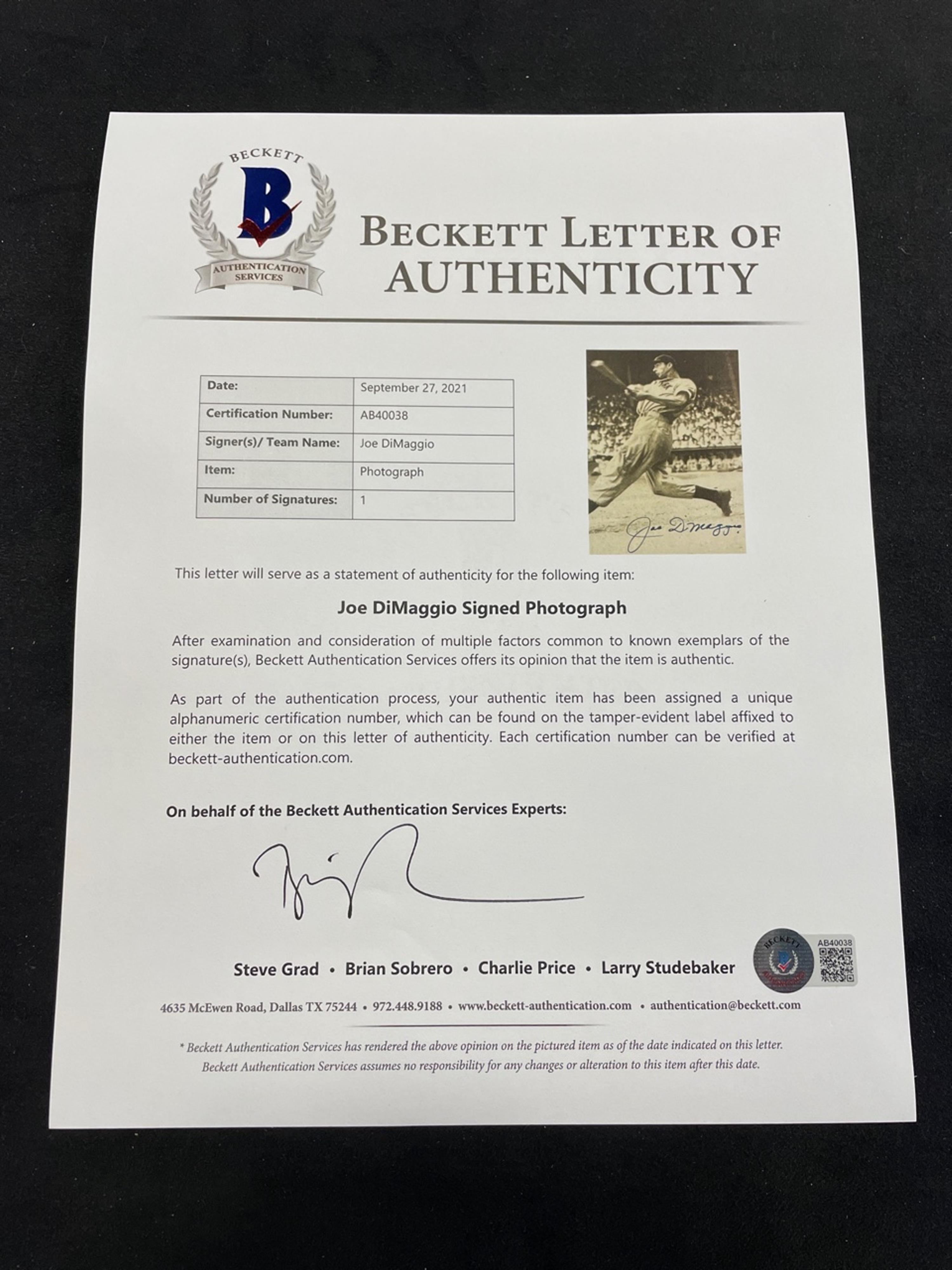 A Joe DiMaggio Signed Autograph Large Format Photograph (BAS Beckett Authentication Services Certified),