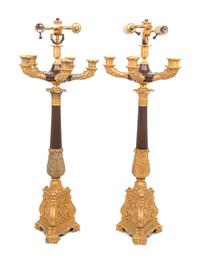 A Pair of Louis-Philippe Gilt and Patinated Bronze Five-Light Candelabra