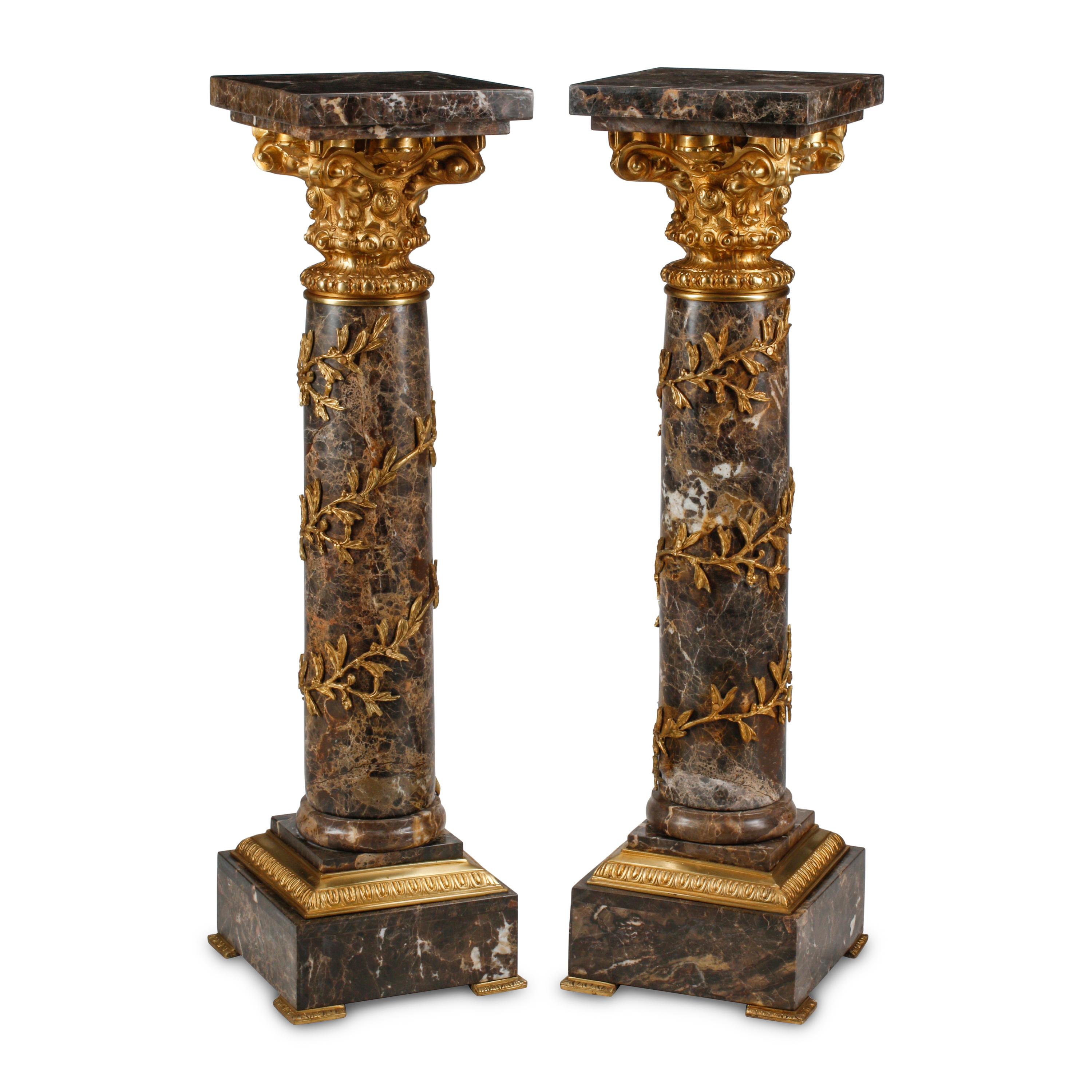 A Pair of Louis XVI Style Gilt Bronze Mounted Marble Pedestals