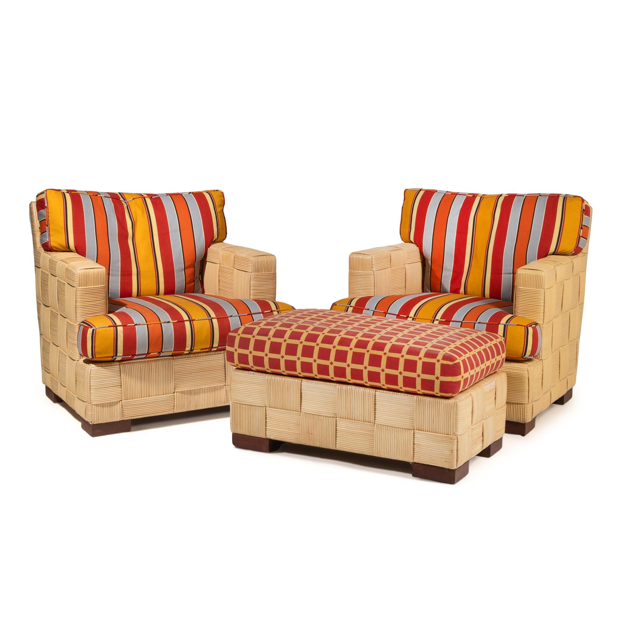 John Hutton for Donghia c. 1990 — Block Island Rattan Club Chairs, and Ottoman Donghia Furniture