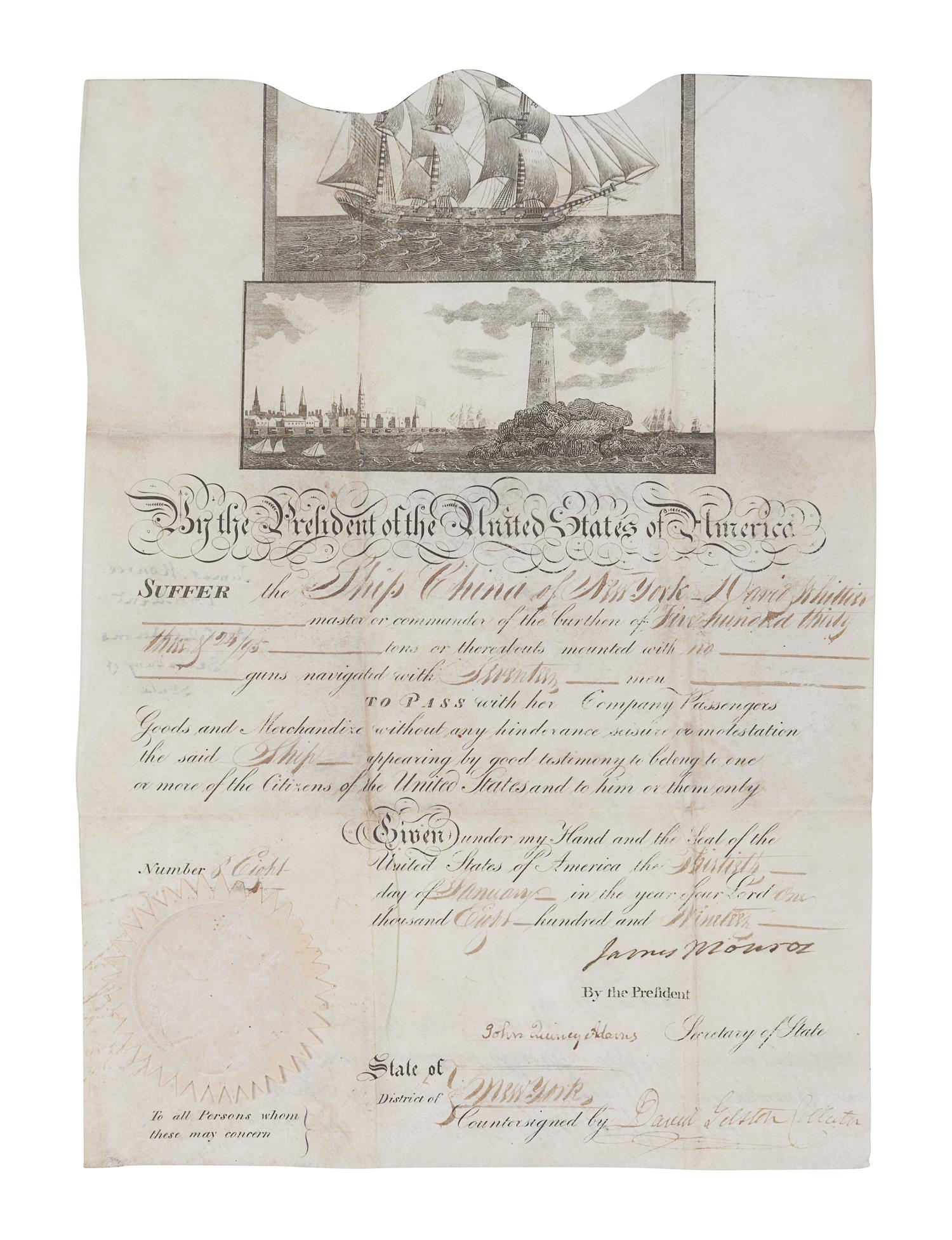 MONROE, James (1758-1831). Engraved document signed as President (“James Monroe”), COUNTERSIGNED BY SECRETARY OF STATE JOHN QUINCY ADAMS (“John Quincy Adams”), and by the collector of the port, 30 January 1819.