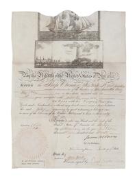 MONROE, James (1758-1831). Engraved document signed as President (“James Monroe”), COUNTERSIGNED BY SECRETARY OF STATE JOHN QUINCY ADAMS (“John Quincy Adams”), and by the collector of the port, 30 January 1819.