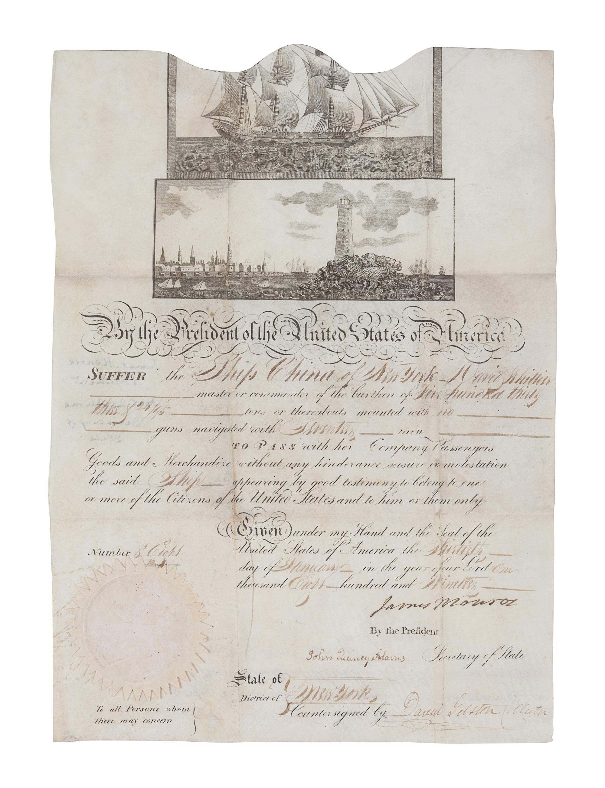 MONROE, James (1758-1831). Engraved document signed as President (“James Monroe”), COUNTERSIGNED BY SECRETARY OF STATE JOHN QUINCY ADAMS (“John Quincy Adams”), and by the collector of the port, 30 January 1819.