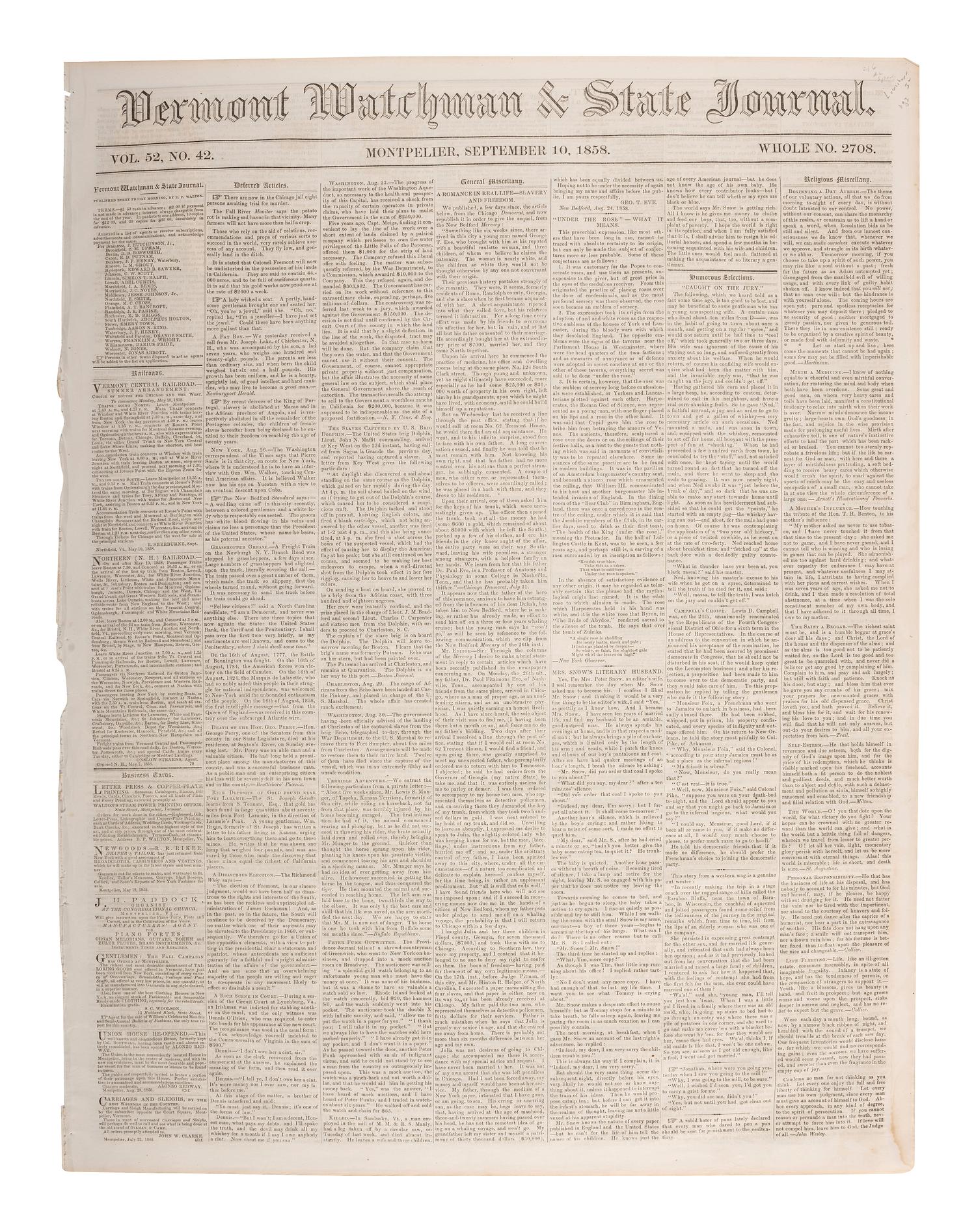 [LINCOLN, Abraham (1809-1865)]. Vermont Watchman & State Journal. Vol. 52, No. 42. Montpelier, VT: E.P. Walton, 10 September 1858.