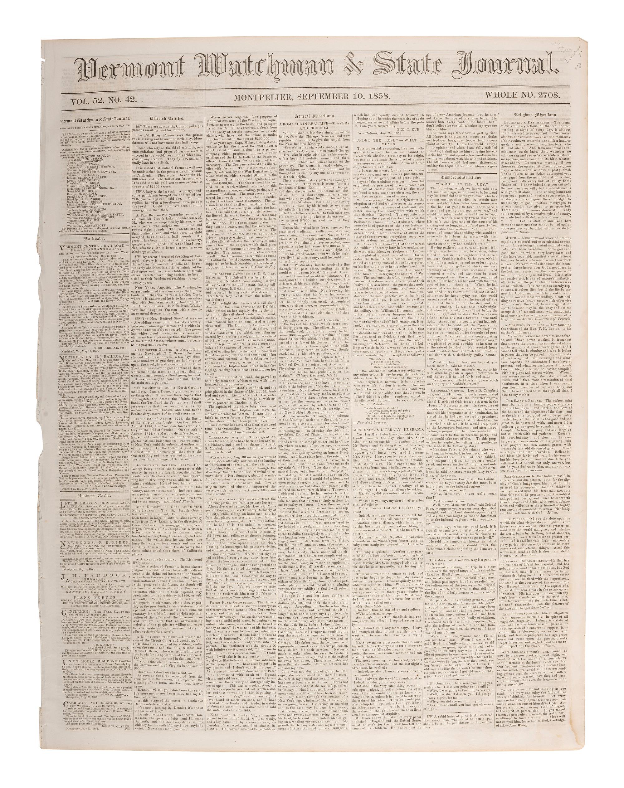 [LINCOLN, Abraham (1809-1865)]. Vermont Watchman & State Journal. Vol. 52, No. 42. Montpelier, VT: E.P. Walton, 10 September 1858.