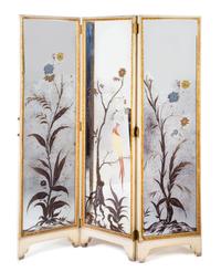A Painted Mirror-Inset Three-Panel Screen Height 69 x width of each panel 18 3/4 inches. — 20TH CENTURY