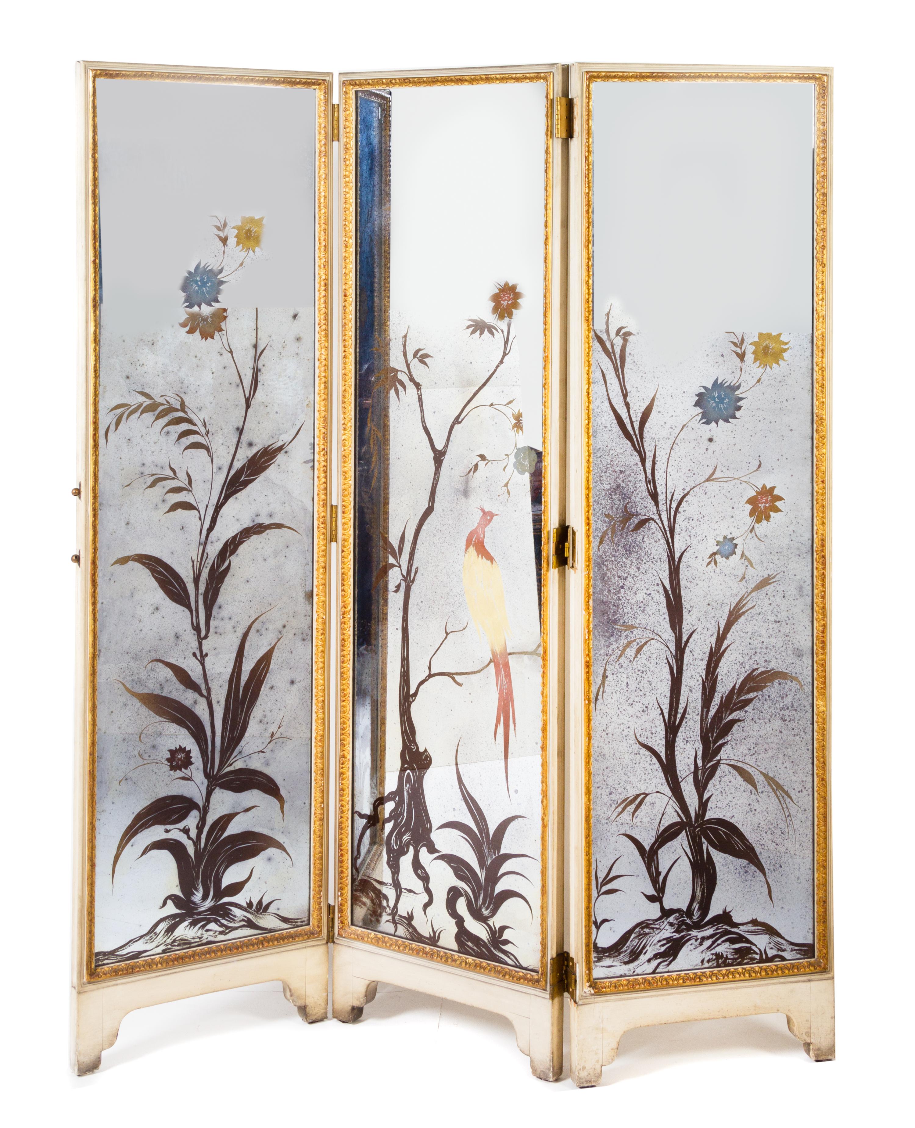 A Painted Mirror-Inset Three-Panel Screen Height 69 x width of each panel 18 3/4 inches. — 20TH CENTURY