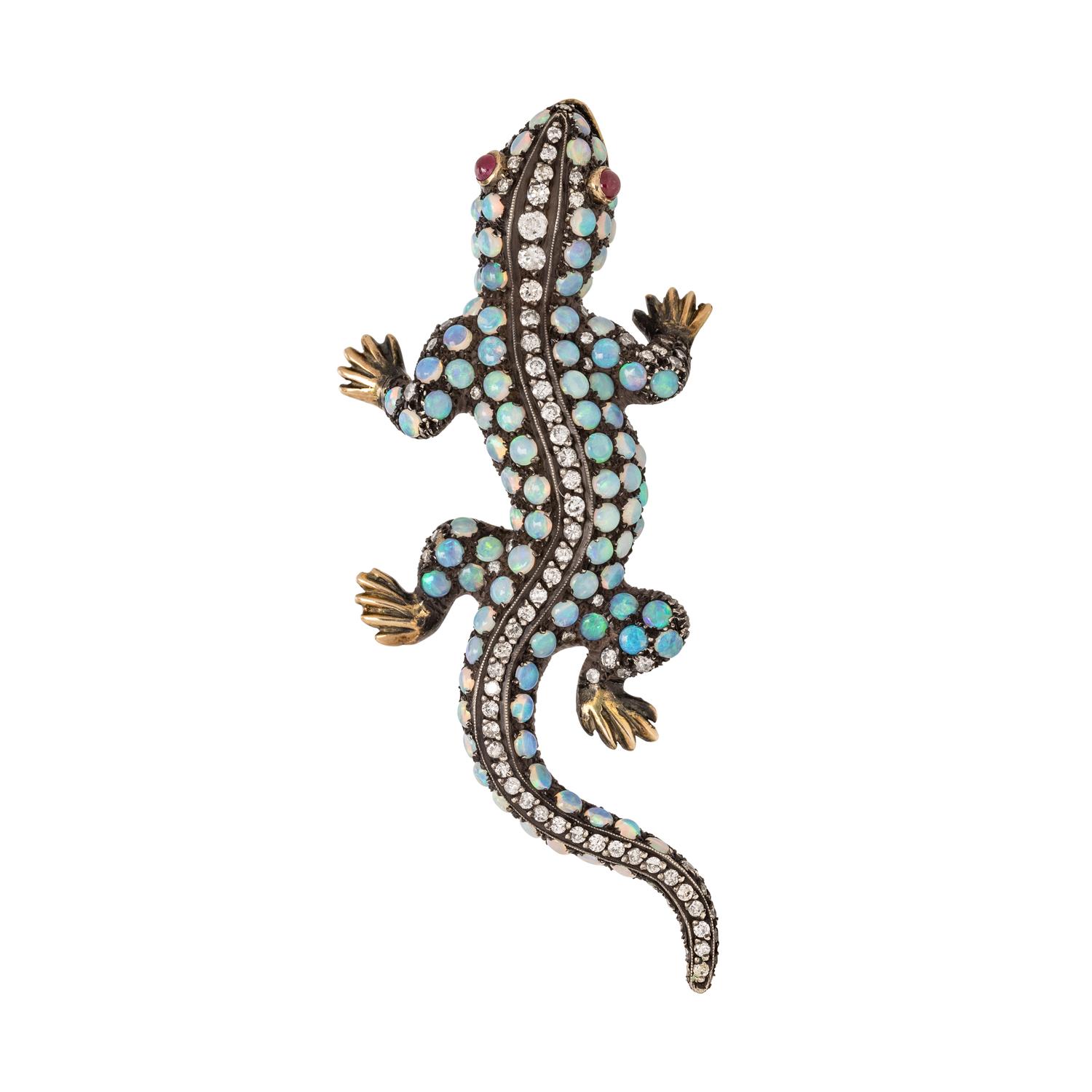 SILVER-TOPPED GOLD, OPAL AND DIAMOND LIZARD PENDANT/BROOCH
