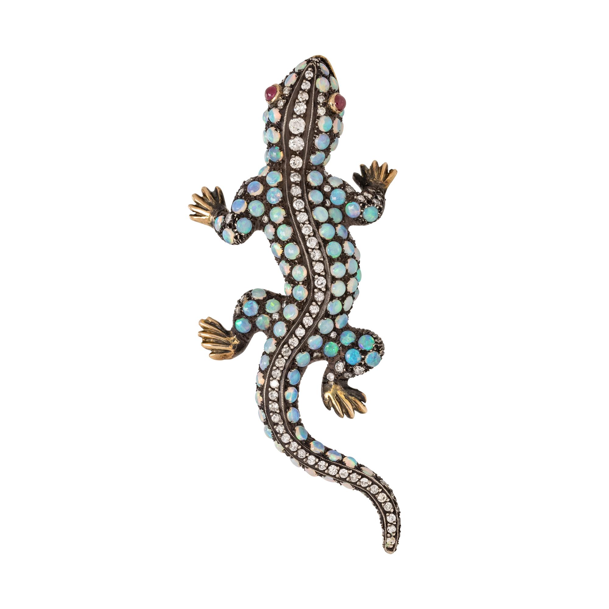 SILVER-TOPPED GOLD, OPAL AND DIAMOND LIZARD PENDANT/BROOCH