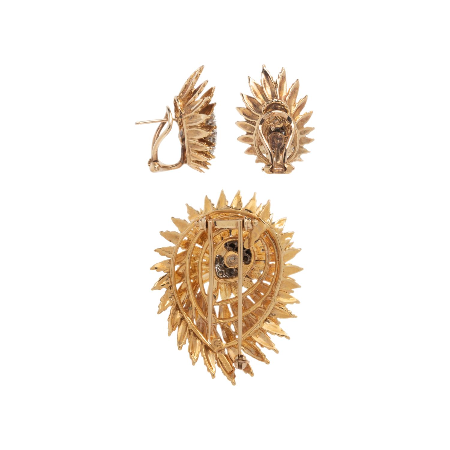 RETRO, YELLOW GOLD AND DIAMOND BROOCH AND EARRINGS