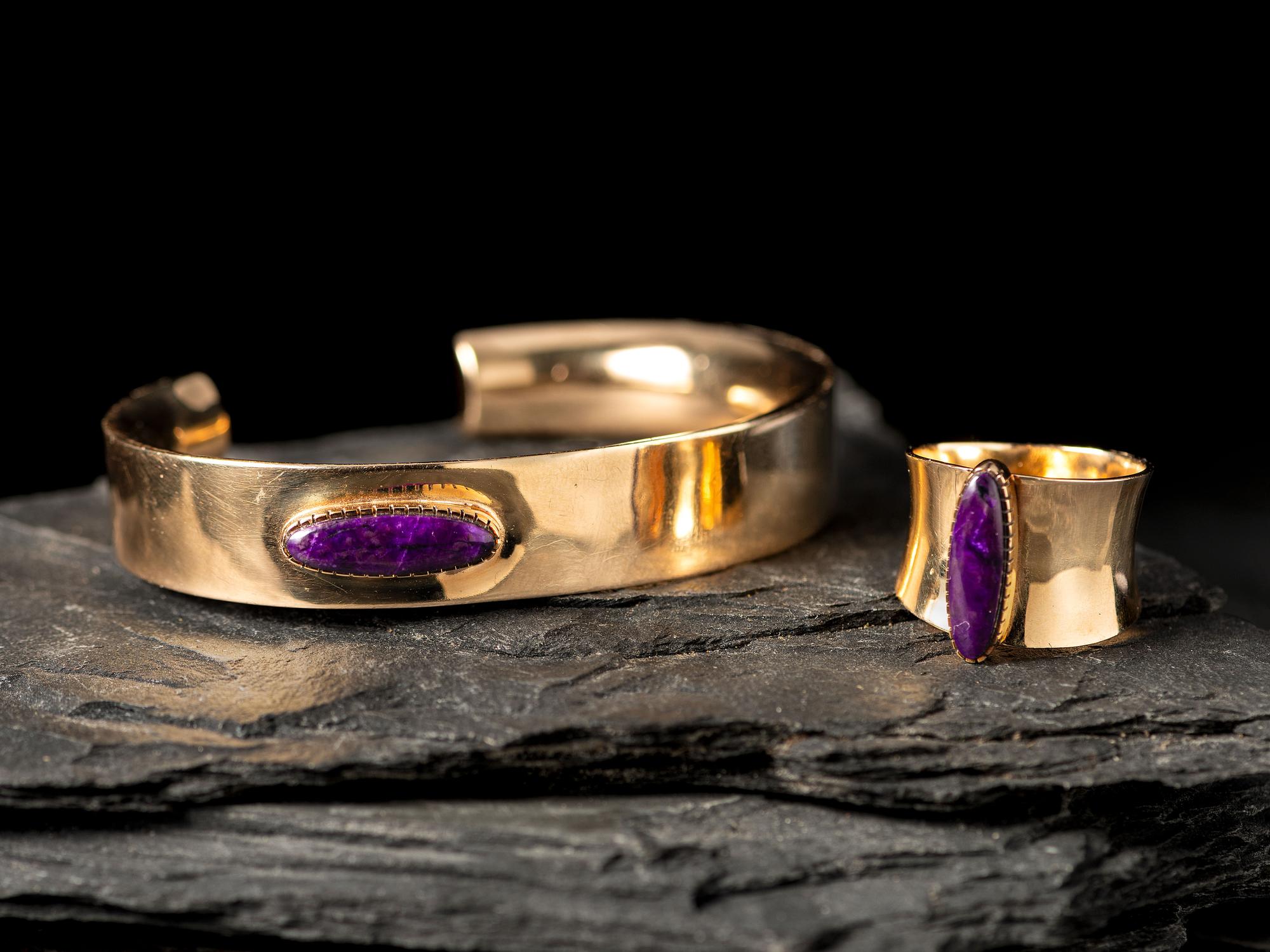 14K Gold and Sugilite Cuff Bracelet and Matching Ring