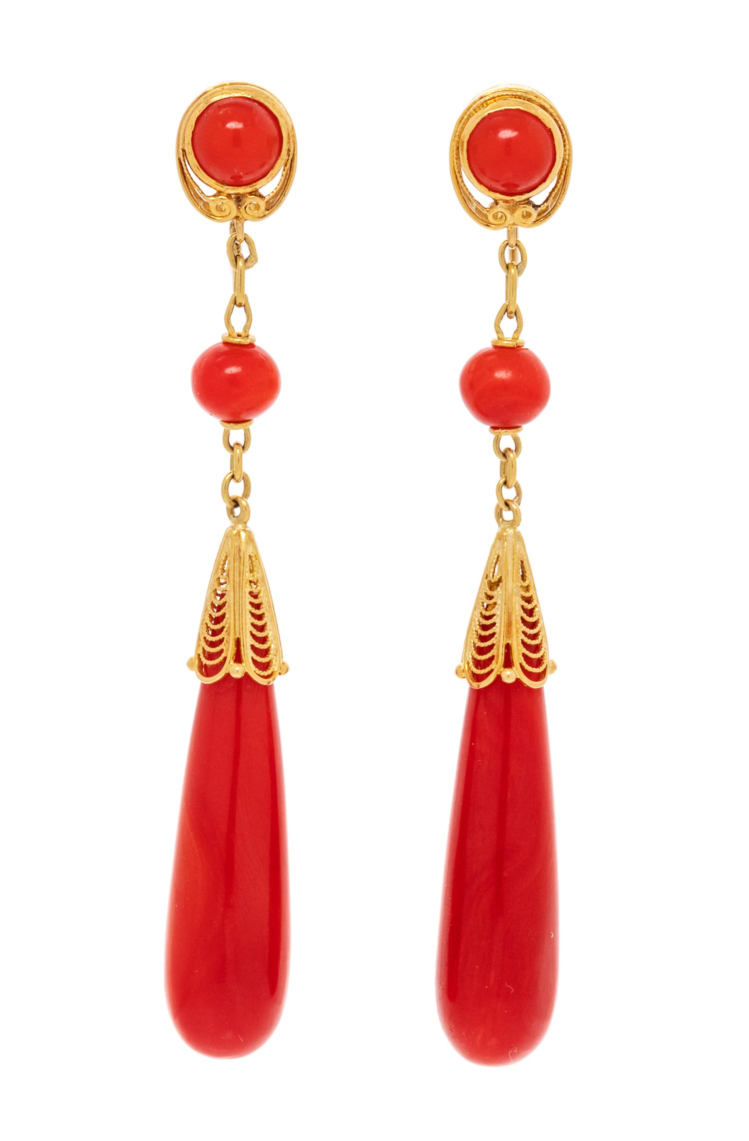 A Pair of Antique Yellow Gold and Coral Drop Earclips, Tiffany & Co., 6.40 dwts.