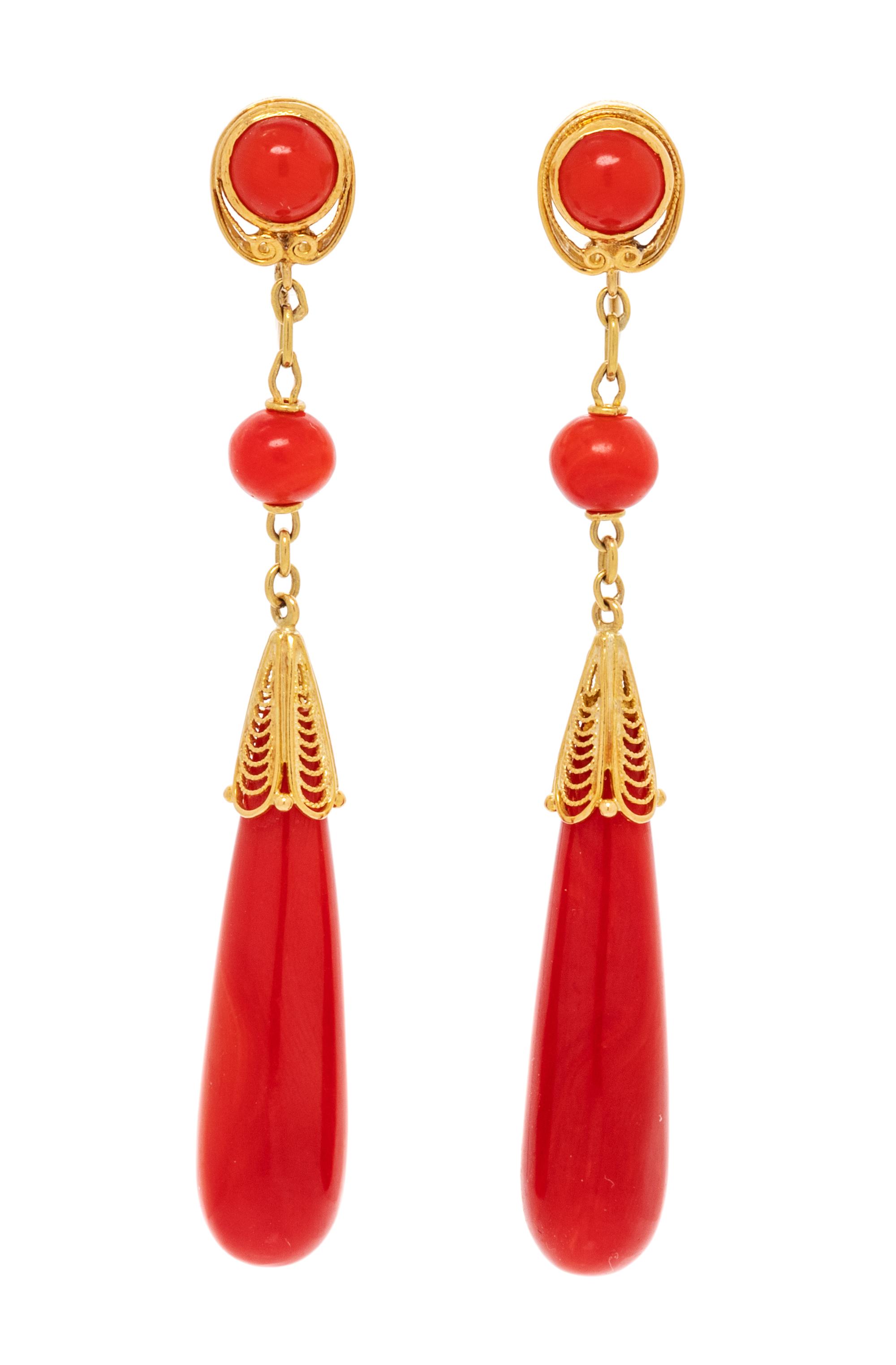 A Pair of Antique Yellow Gold and Coral Drop Earclips, Tiffany & Co., 6.40 dwts.