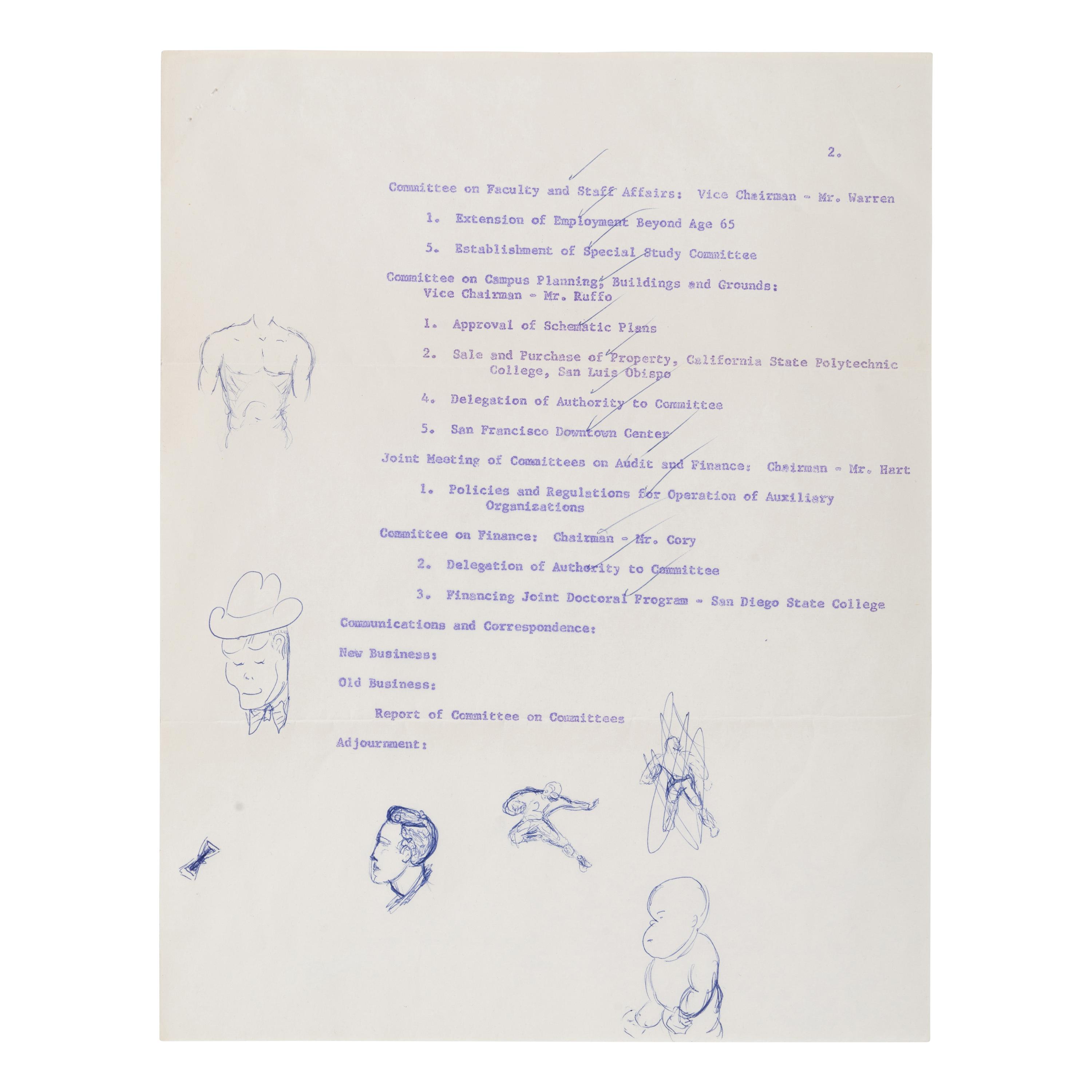 Reagan, Ronald (1911-2004). Autograph doodles on a mimeographed agenda for a meeting of the Trustees of the California State Colleges. San Luis Obispo, California, 26 March 1969.