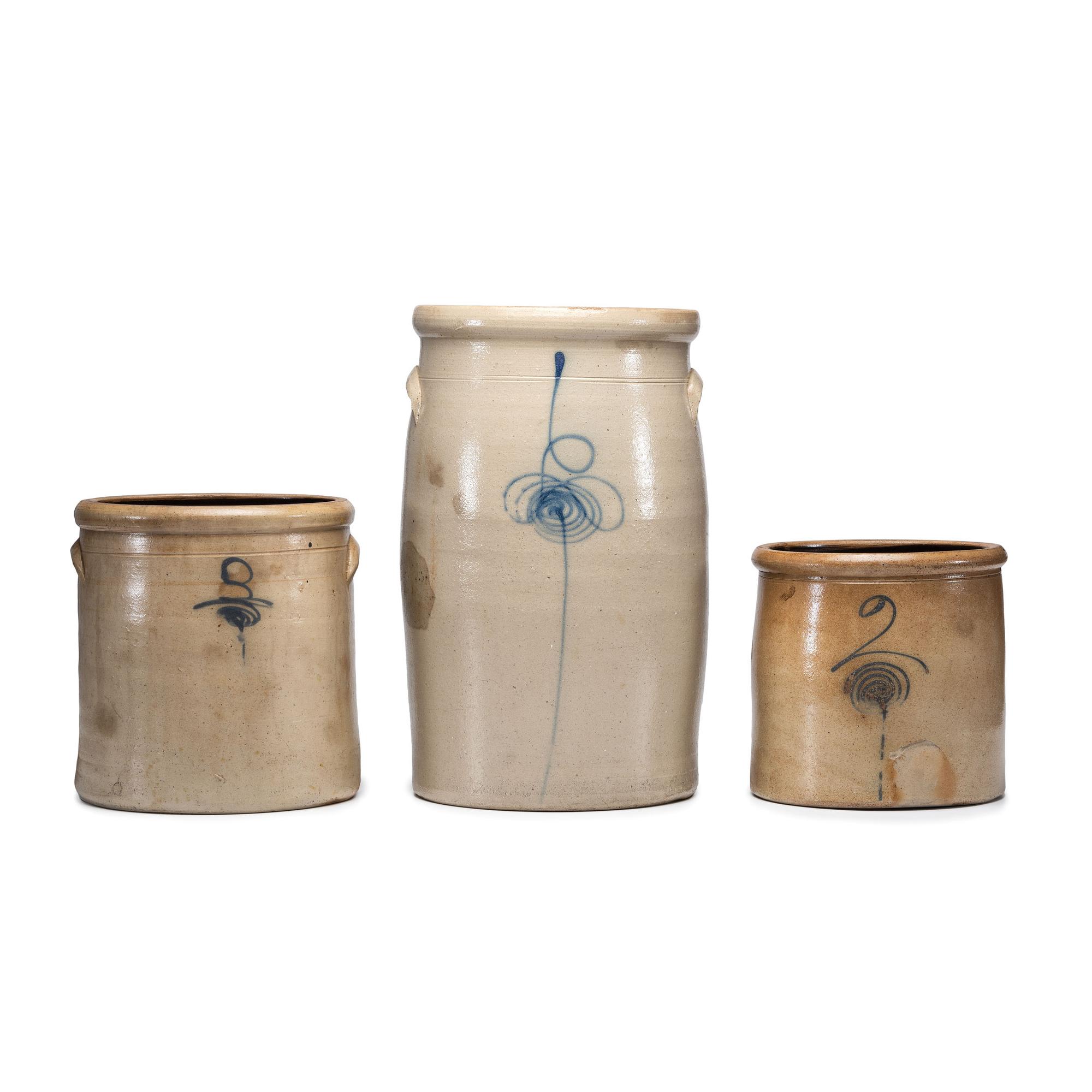 Three Stoneware Crocks with Cobalt Capacity Marks