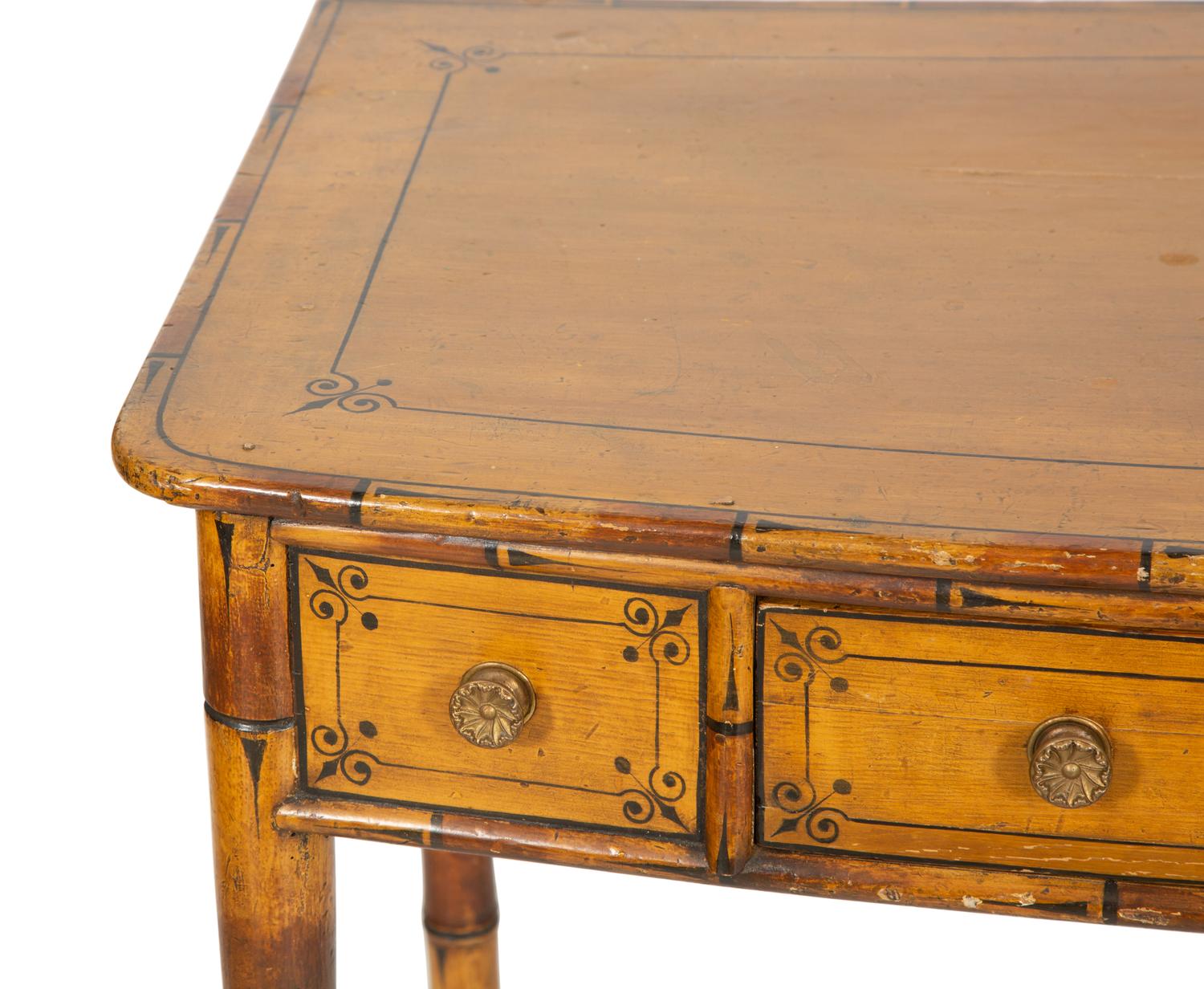 A Classical Stencil-Decorated Faux Bamboo Pine Bow-Front Dressing Table