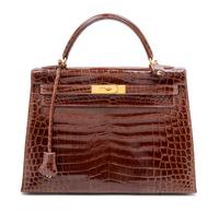 An Hermes Brown Niloticus Crocodile Sellier 32cm Kelly Handbag, 12.5" x 5" x 9.5"; Handle drop: 3.25".