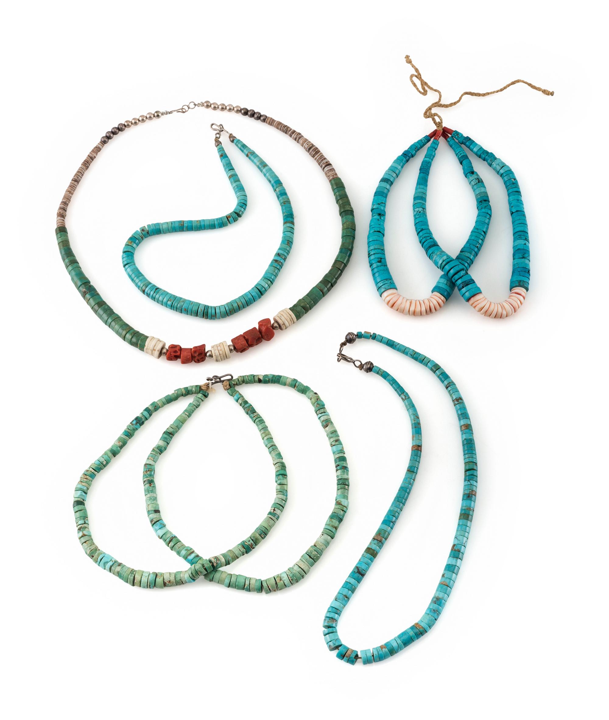 A Group of Pueblo Rolled Turquosie Necklaces and Joclas