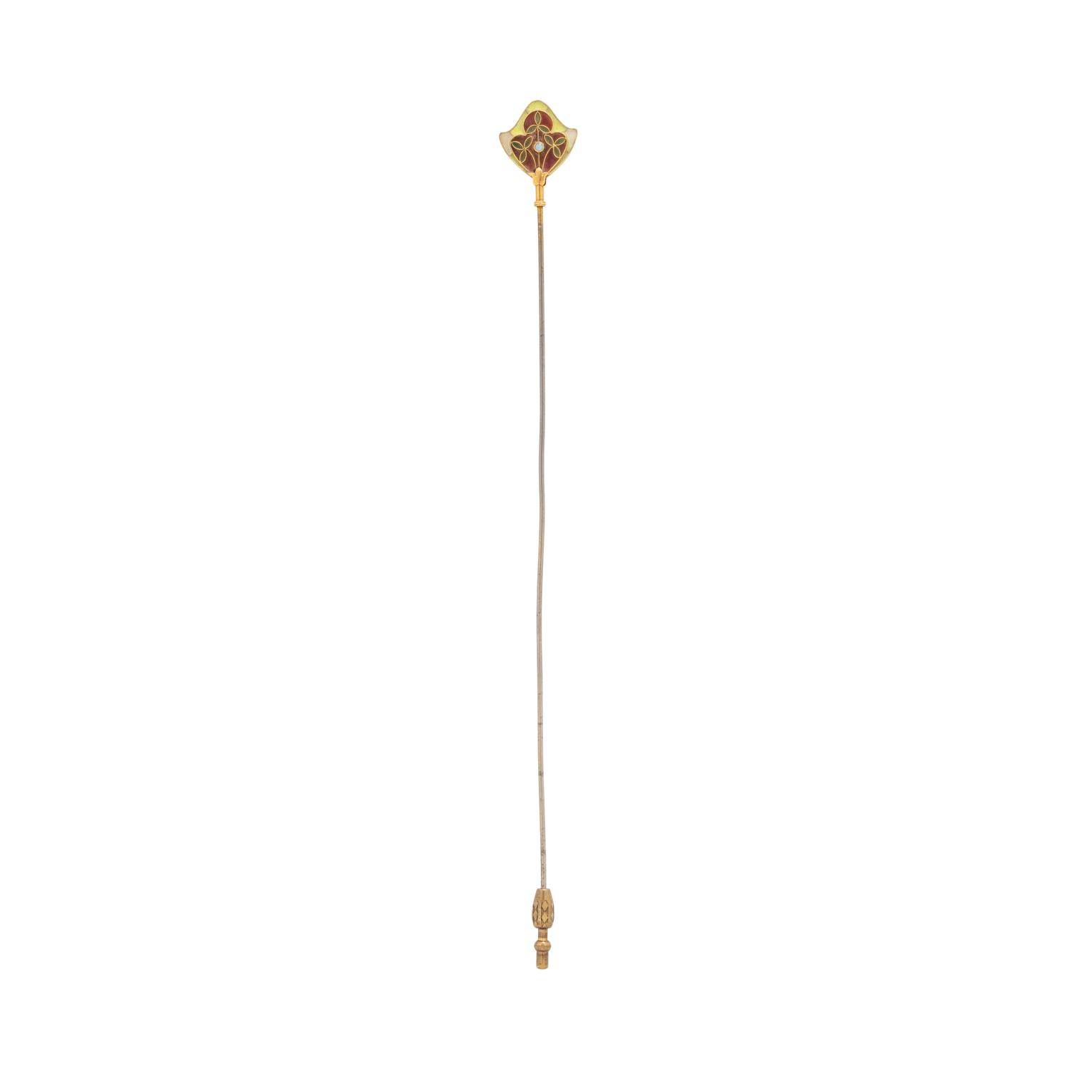 ANTIQUE, YELLOW GOLD AND METAL PLIQUE-A-JOUR HATPIN