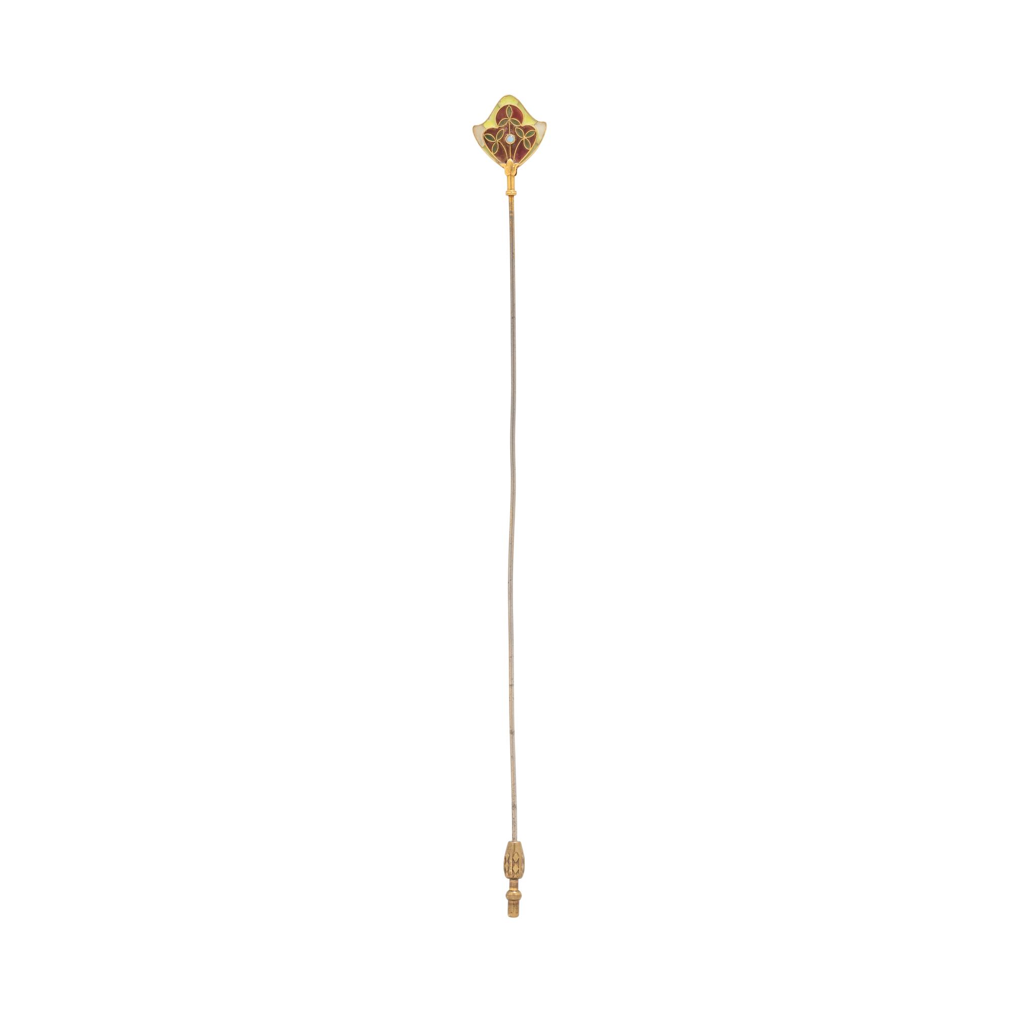 ANTIQUE, YELLOW GOLD AND METAL PLIQUE-A-JOUR HATPIN