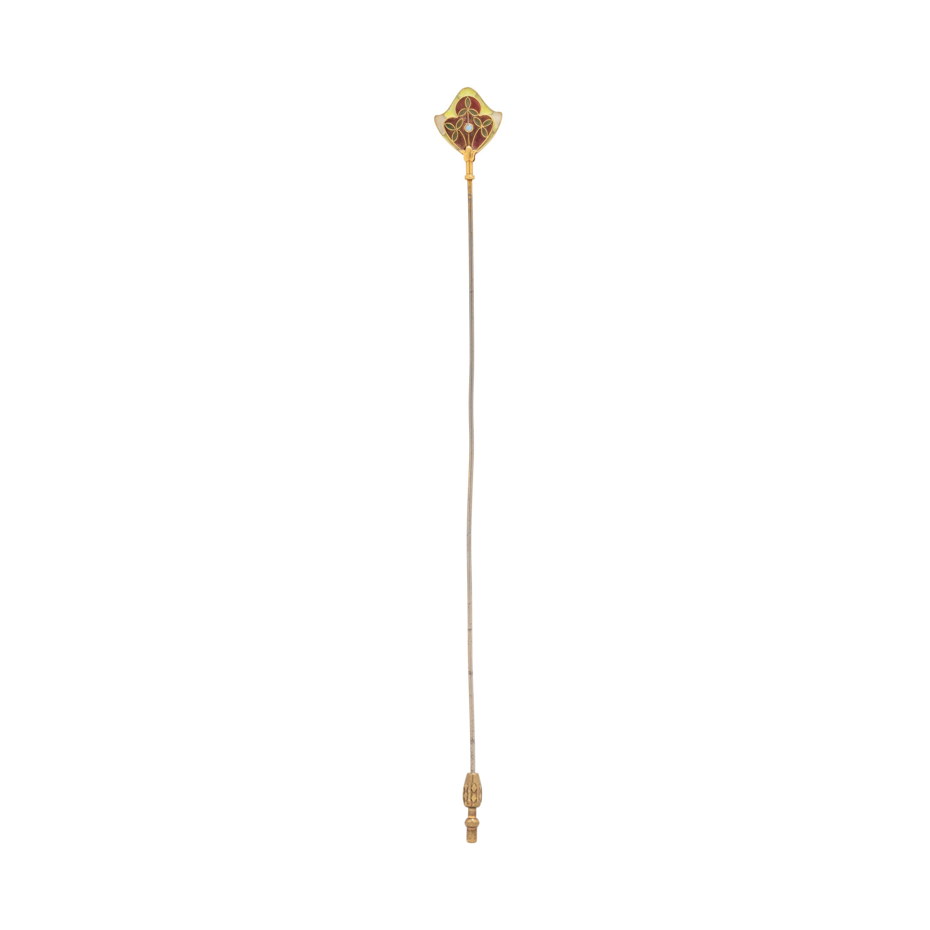 ANTIQUE, YELLOW GOLD AND METAL PLIQUE-A-JOUR HATPIN