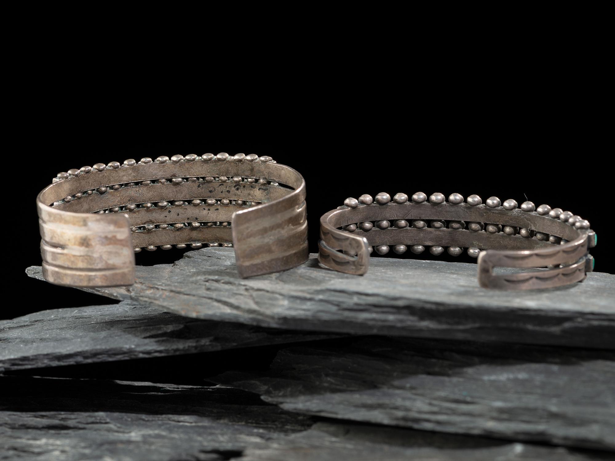 Zuni or Navajo Silver and Turquoise Cluster Cuff Bracelets