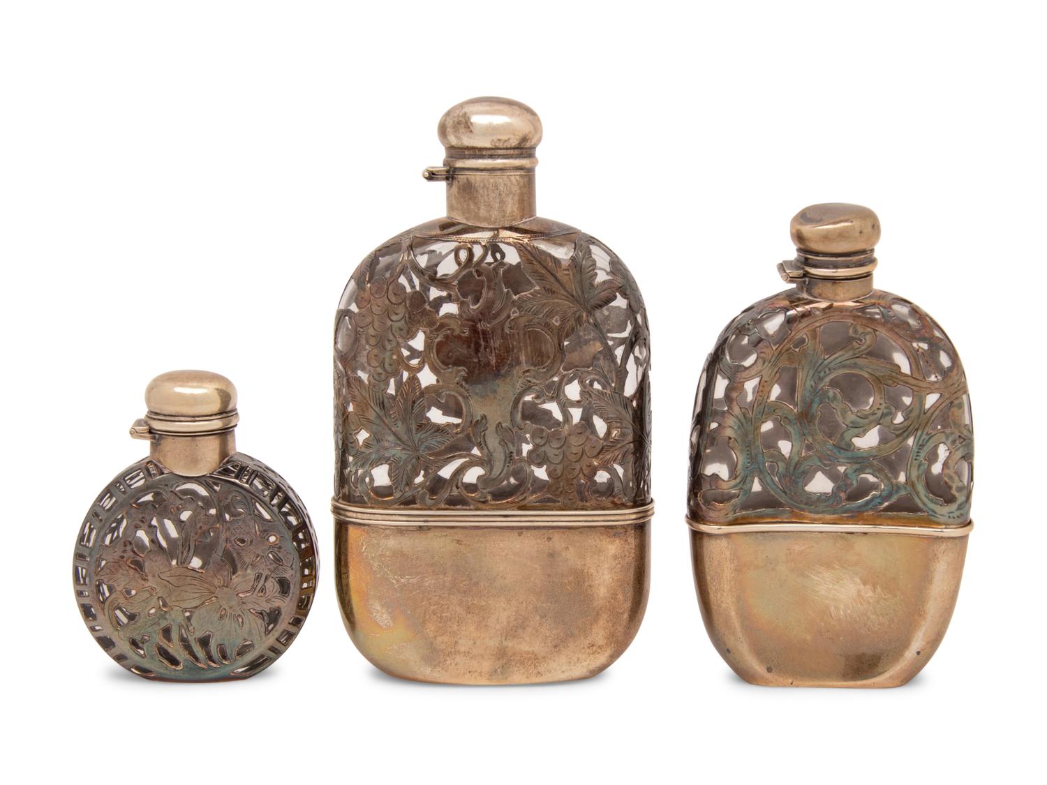 A Group of Three American Silver Overlay Flasks