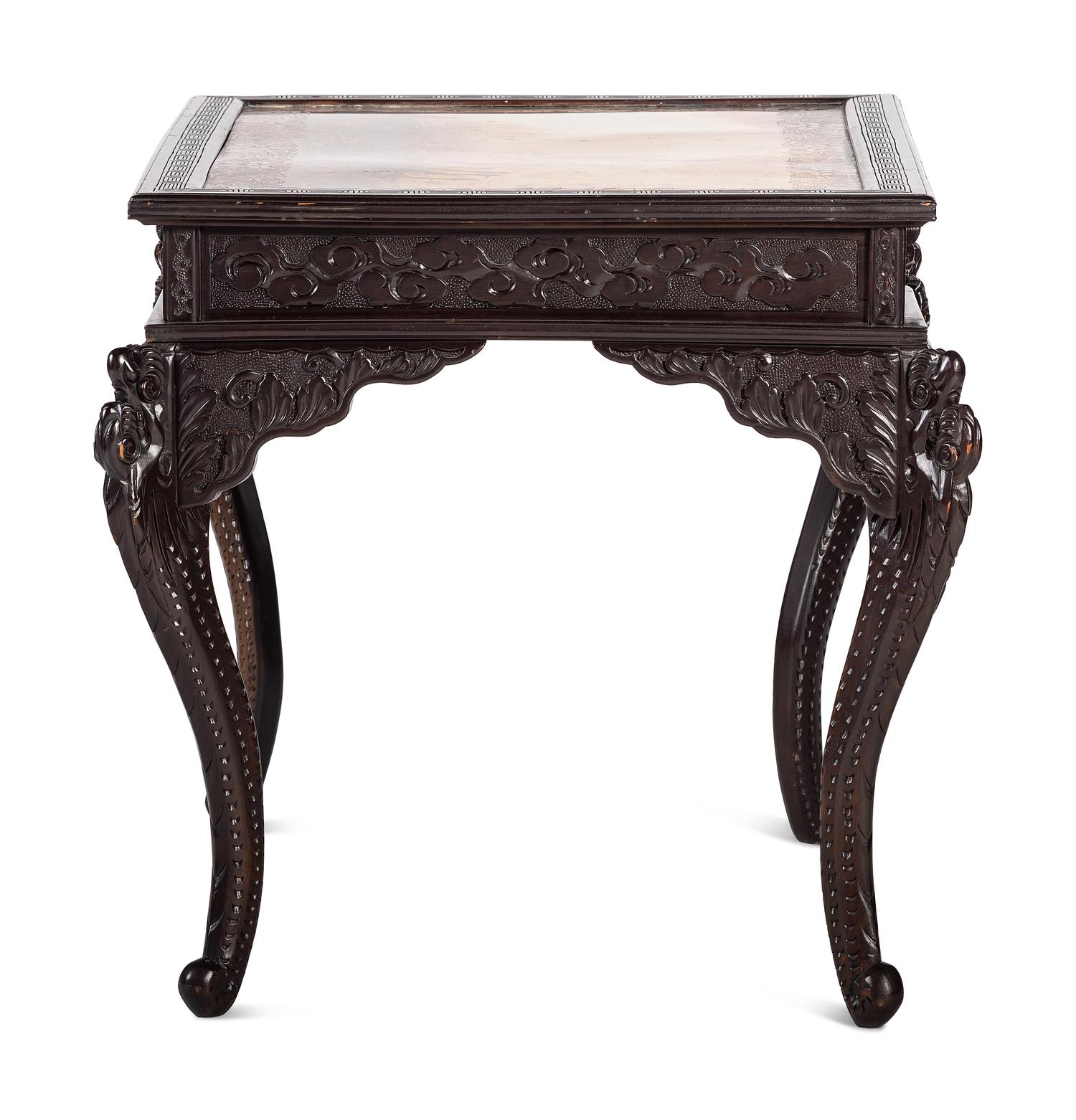 A Japanese Carved and Brass Inset Desk