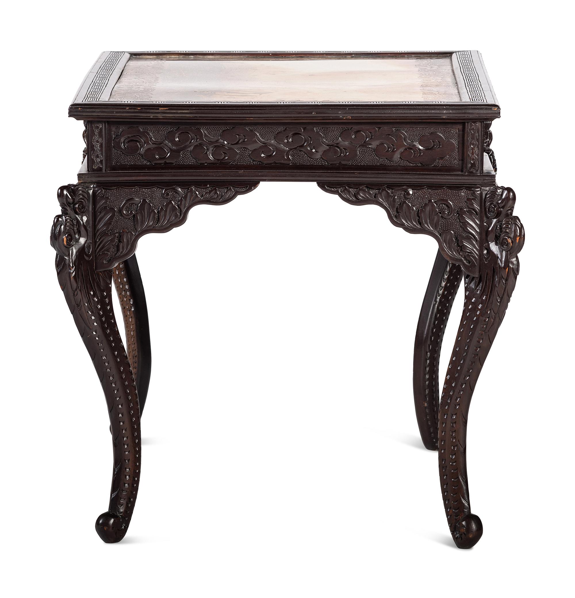 A Japanese Carved and Brass Inset Desk