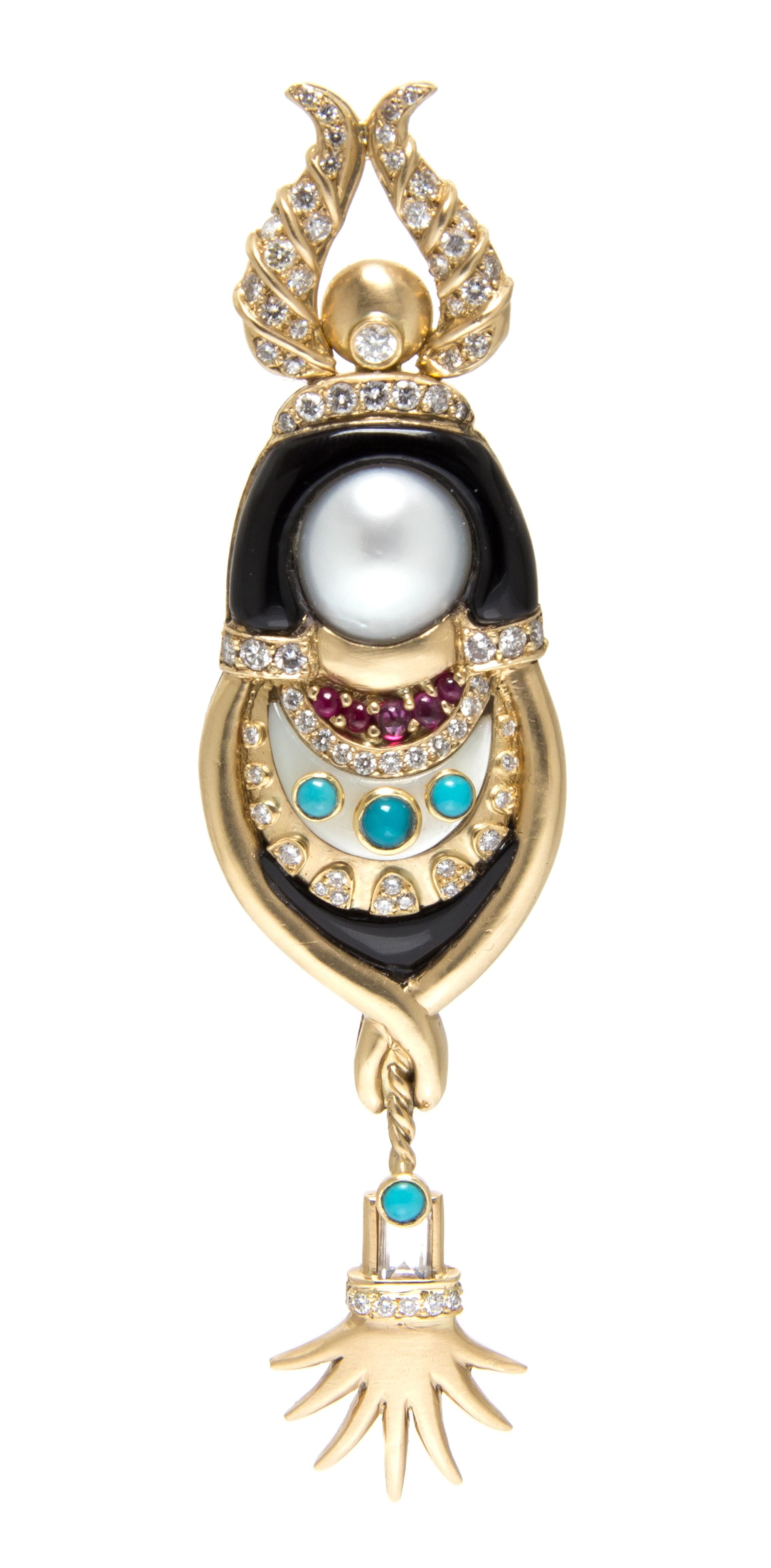 An 18 Karat Yellow Gold, Multi Gem Brooch, 25.00 dwts.